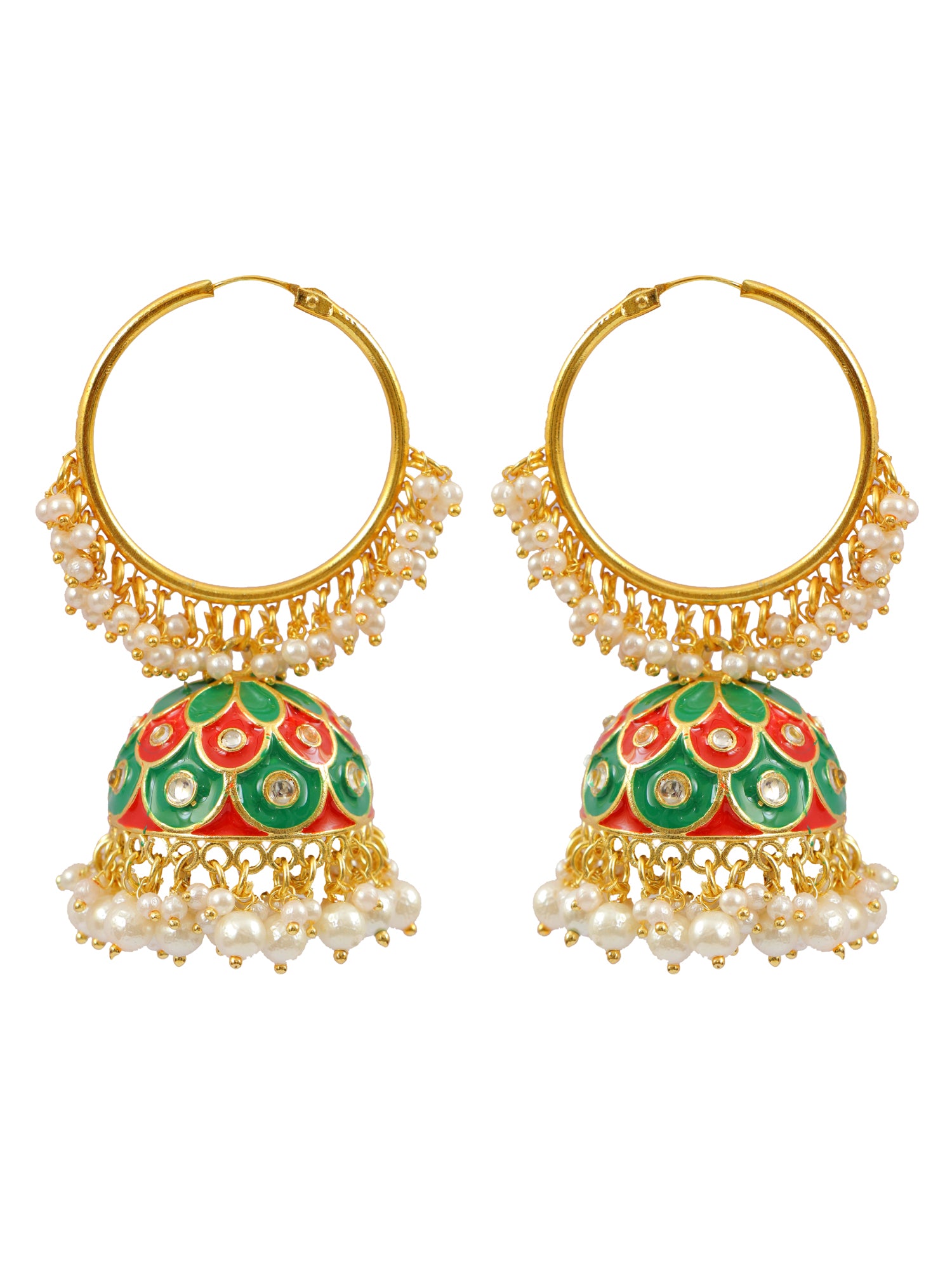 Dazzling Gold-Plated Multicolor Jhumka Hoop Earrings with White Pearls for Women