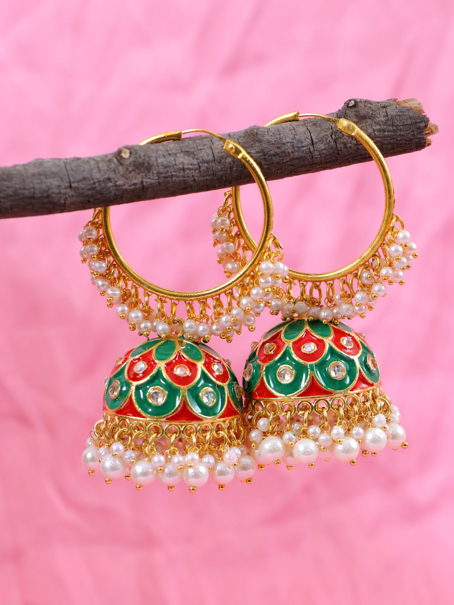 Dazzling Gold-Plated Multicolor Jhumka Hoop Earrings with White Pearls for Women