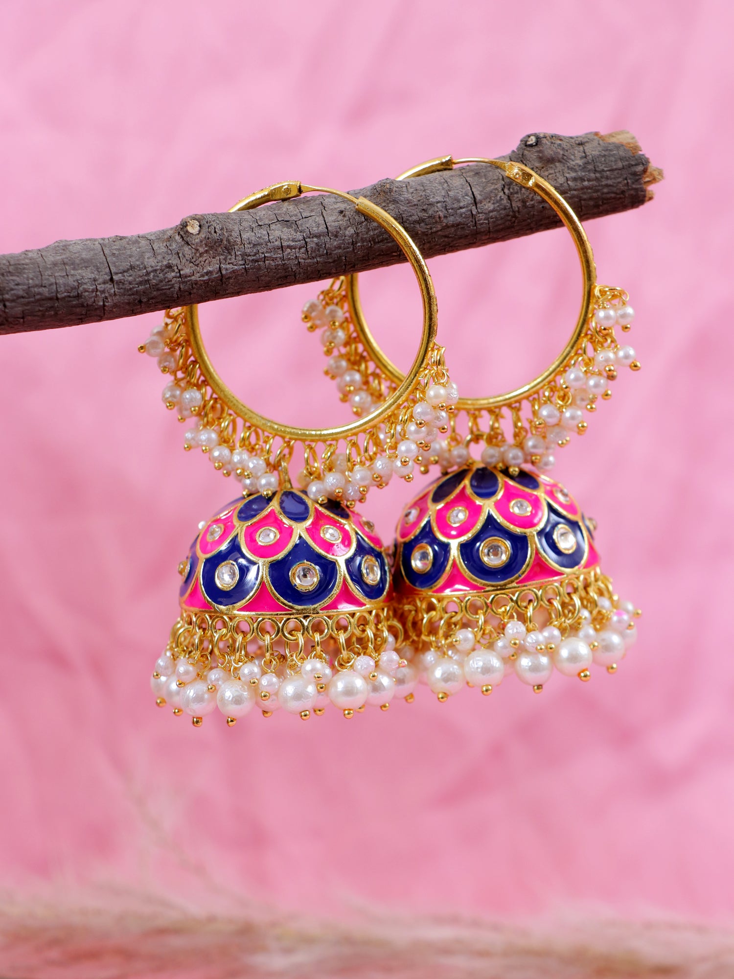 Gold Plated Meenakari Hoop Jhumkas with Pearls - Traditional Round Earrings for Women