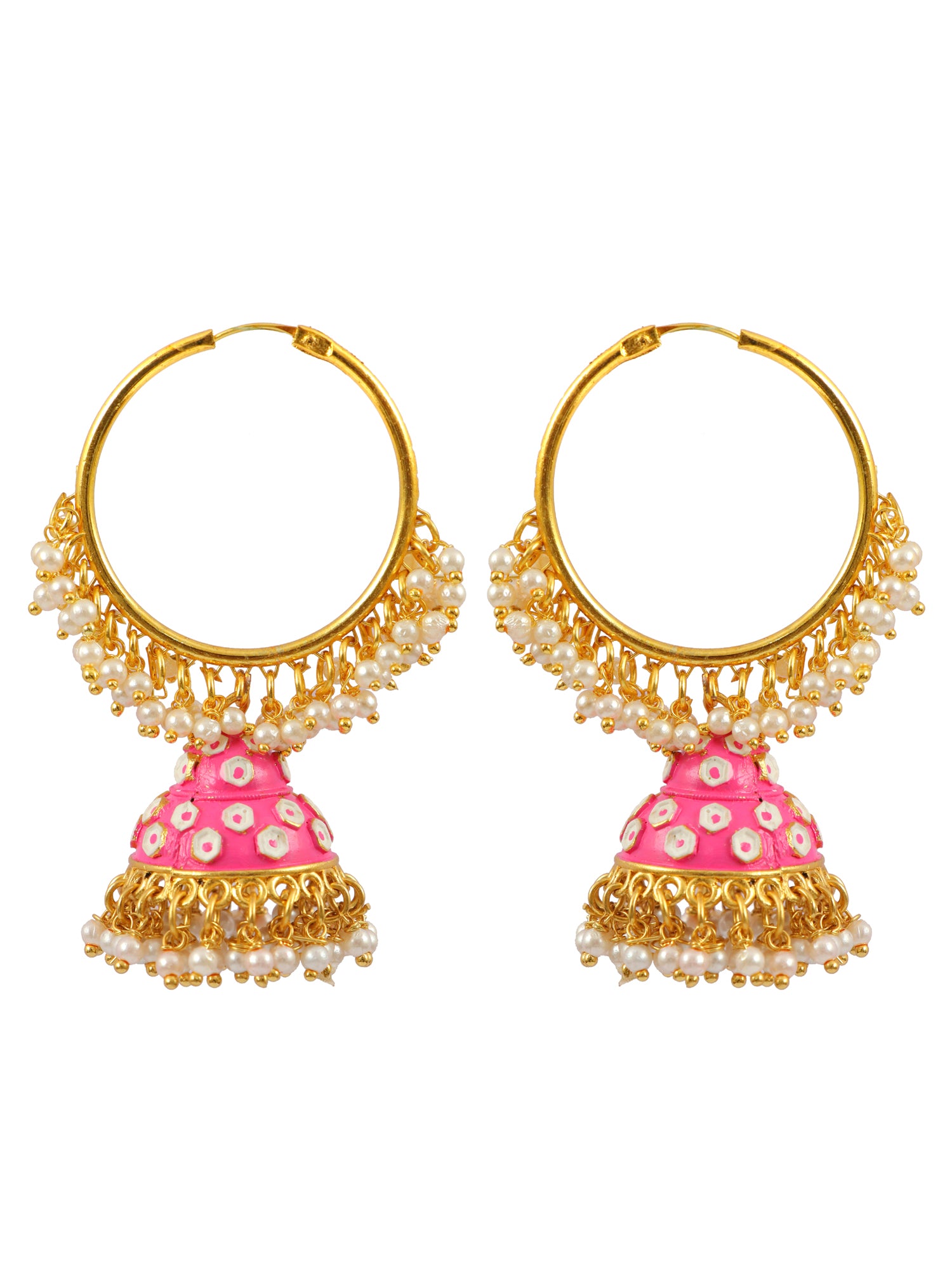 Gold-Plated Round Hoop Earrings with Royal Pink Meenakari Jhumka for Women