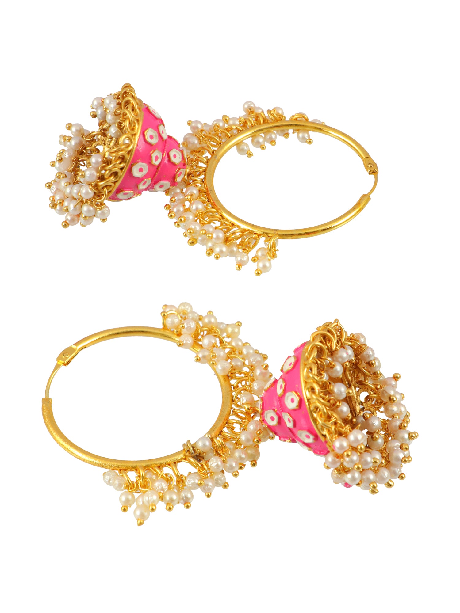 Gold-Plated Round Hoop Earrings with Royal Pink Meenakari Jhumka for Women