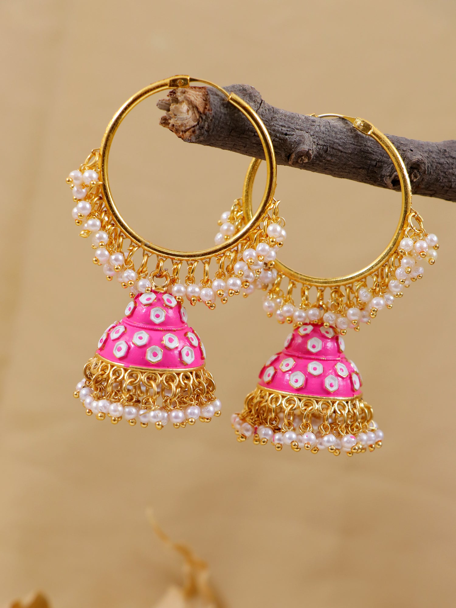 Gold-Plated Round Hoop Earrings with Royal Pink Meenakari Jhumka for Women
