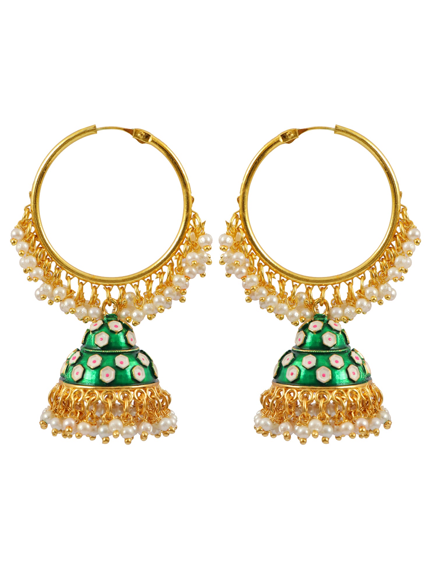 Women's Gold Plated Round Earrings with Jhumka -Green Meenakari Style
