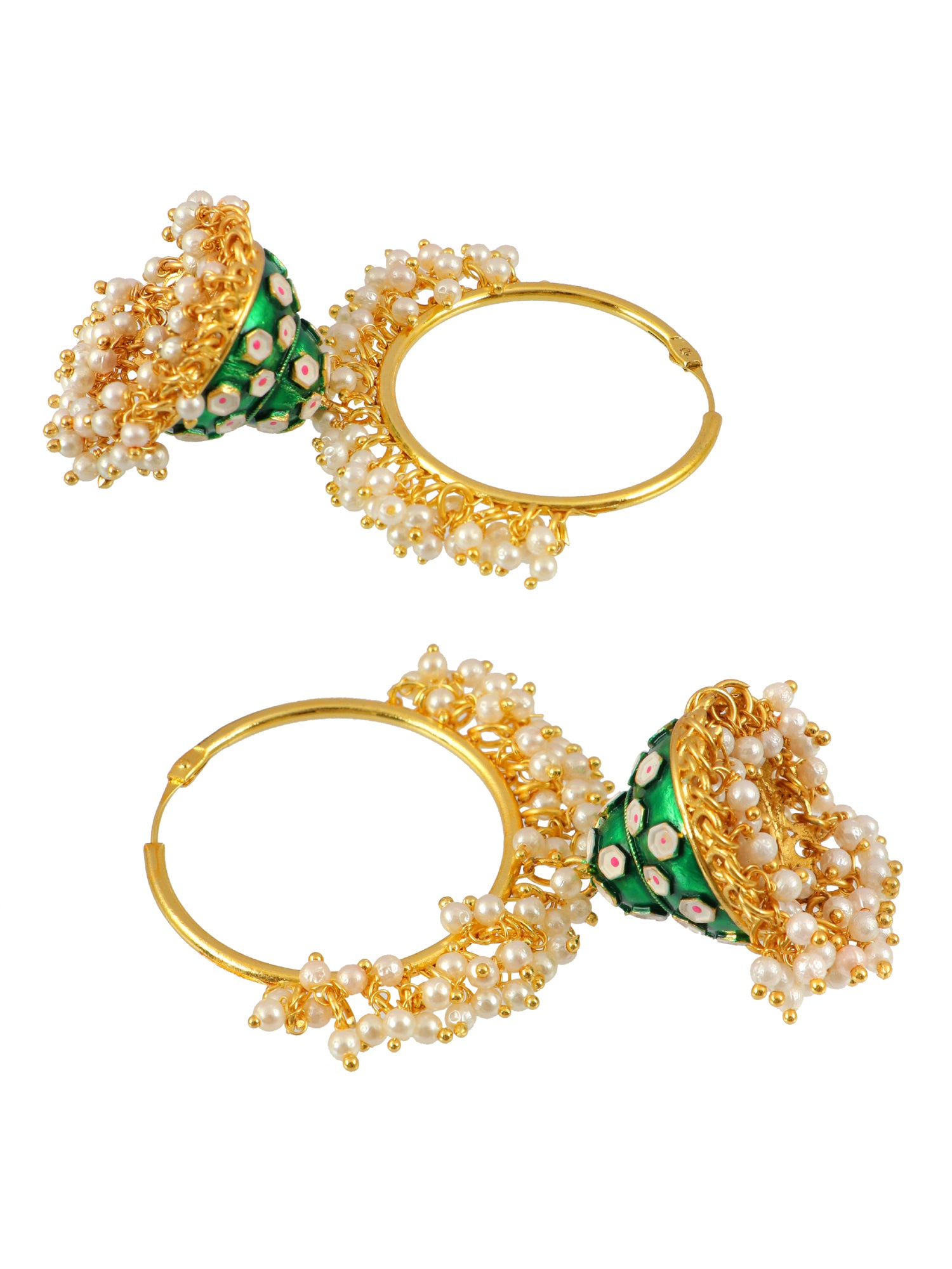 Women's Gold Plated Round Earrings with Jhumka -Green Meenakari Style