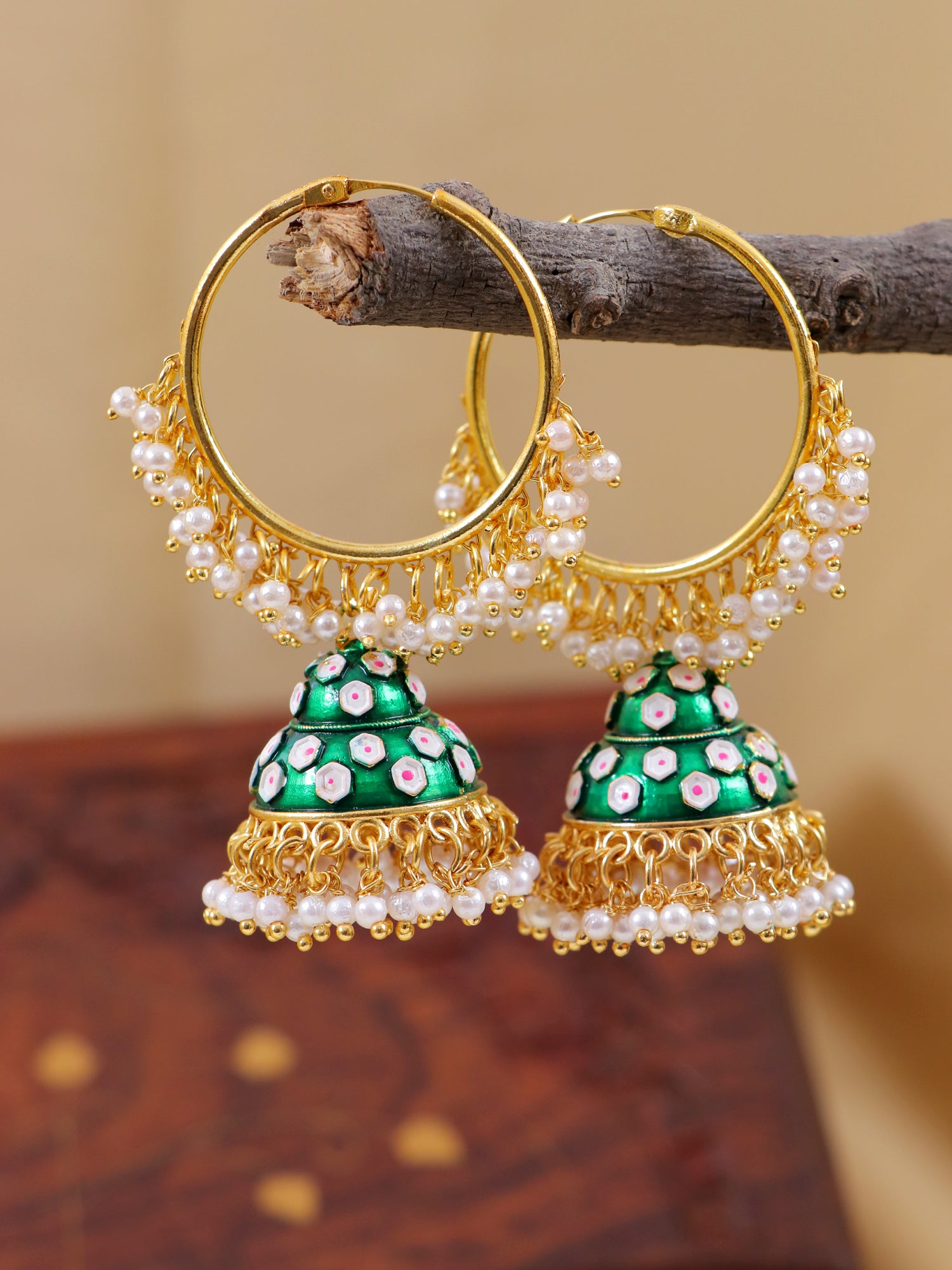 Women's Gold Plated Round Earrings with Jhumka -Green Meenakari Style