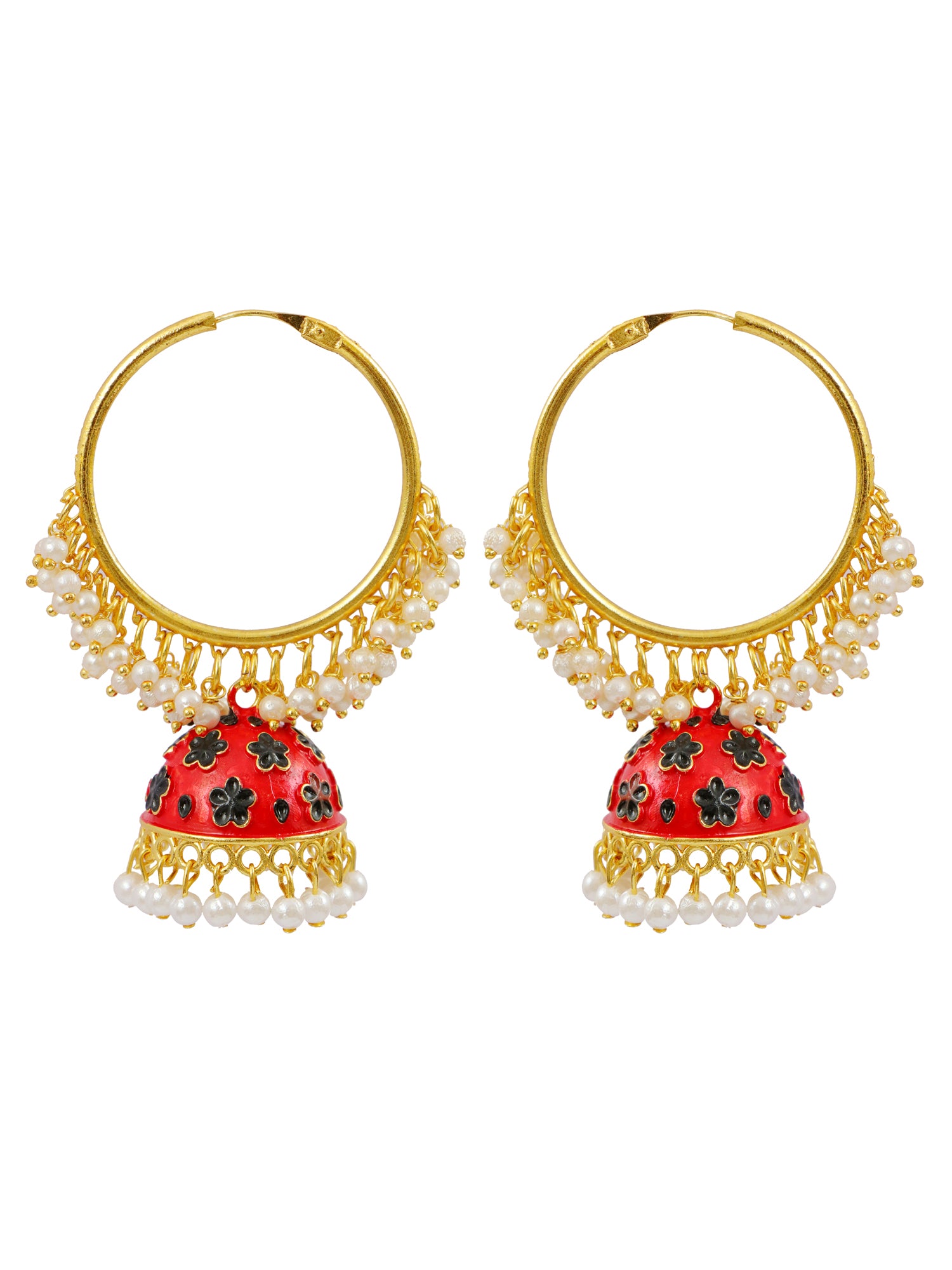 Royal Gold-Plated Red Meenakari Hoops with White Pearl Jhumka Earrings for Women