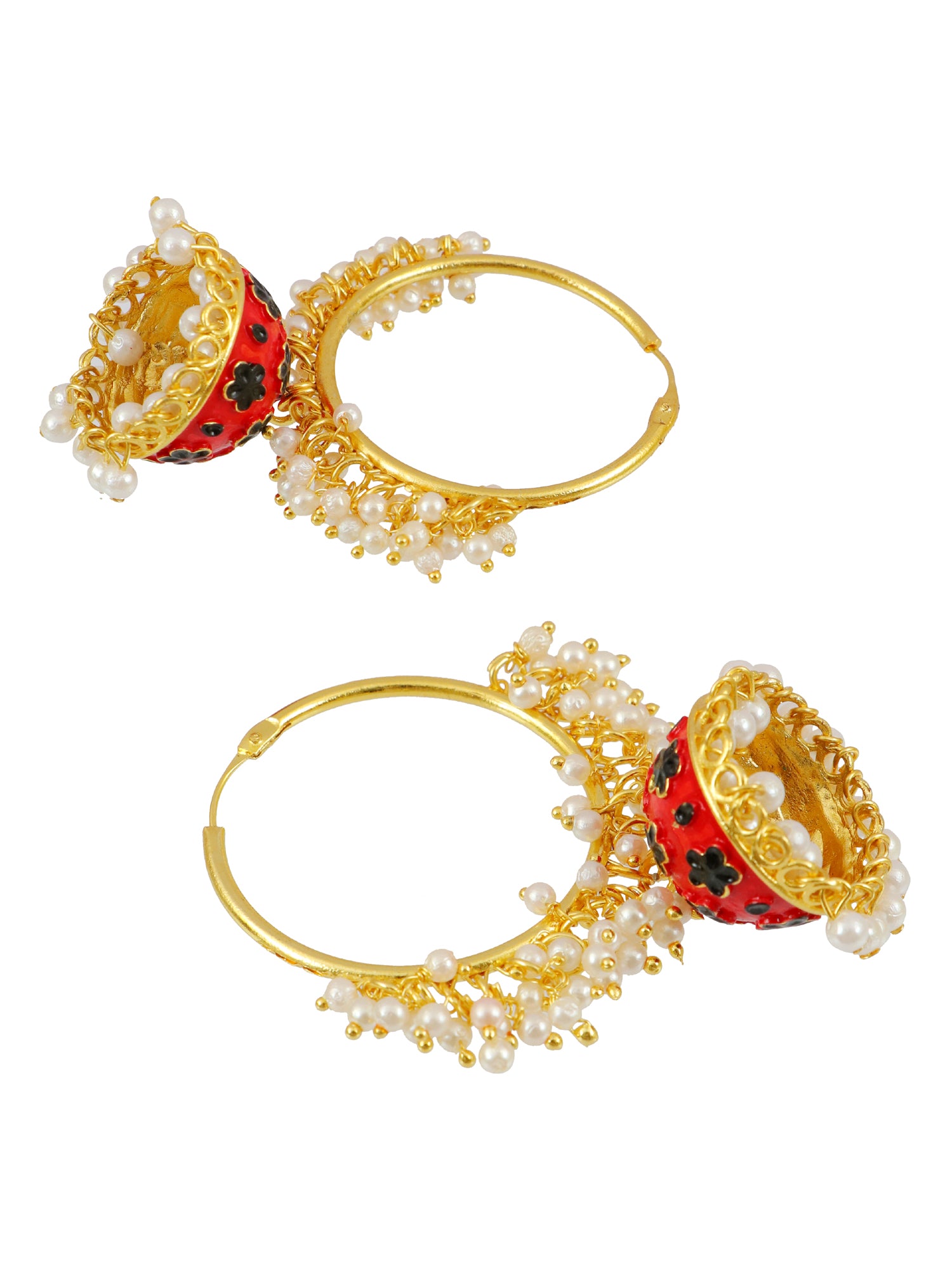 Royal Gold-Plated Red Meenakari Hoops with White Pearl Jhumka Earrings for Women