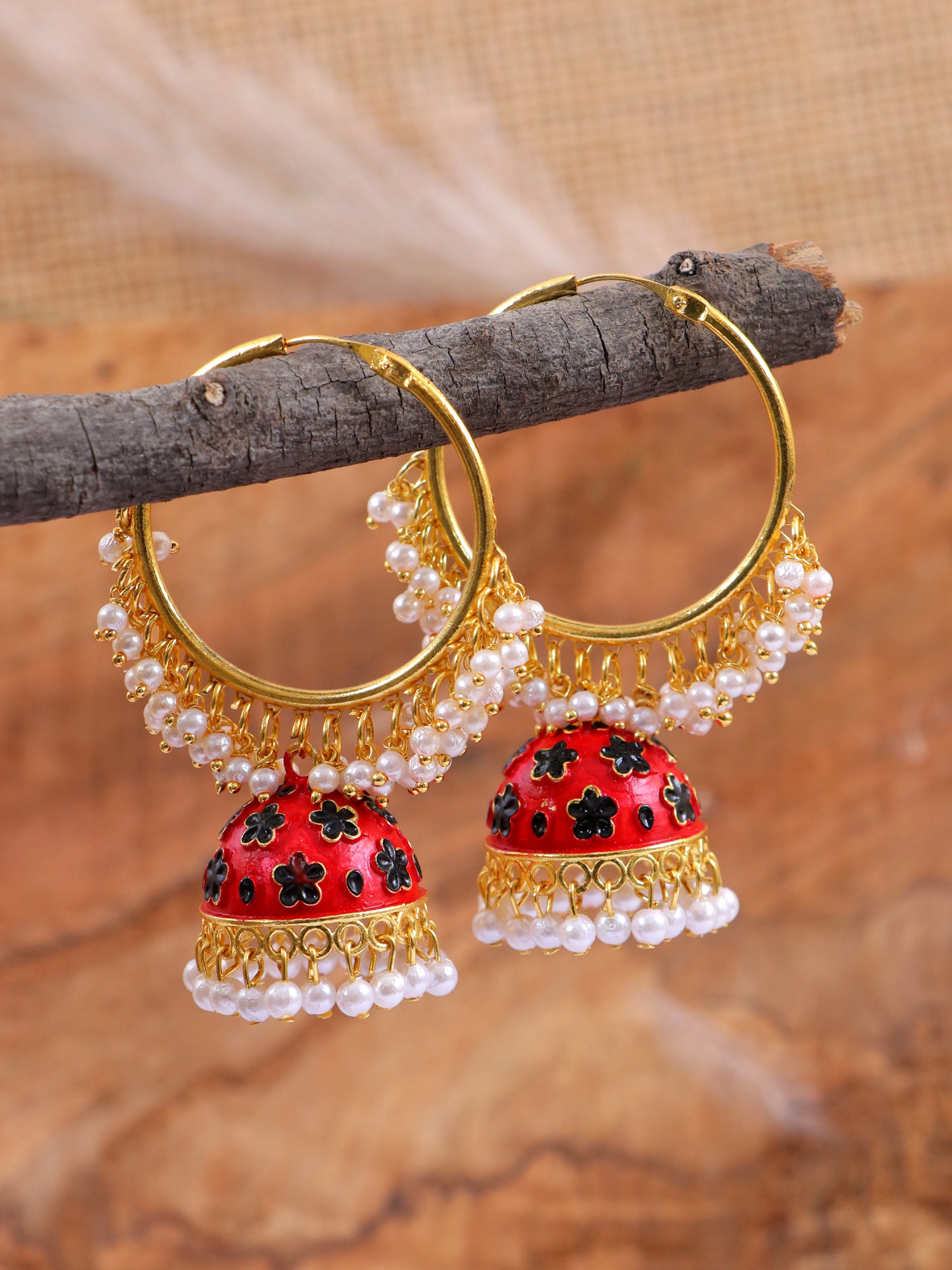 Royal Gold-Plated Red Meenakari Hoops with White Pearl Jhumka Earrings for Women