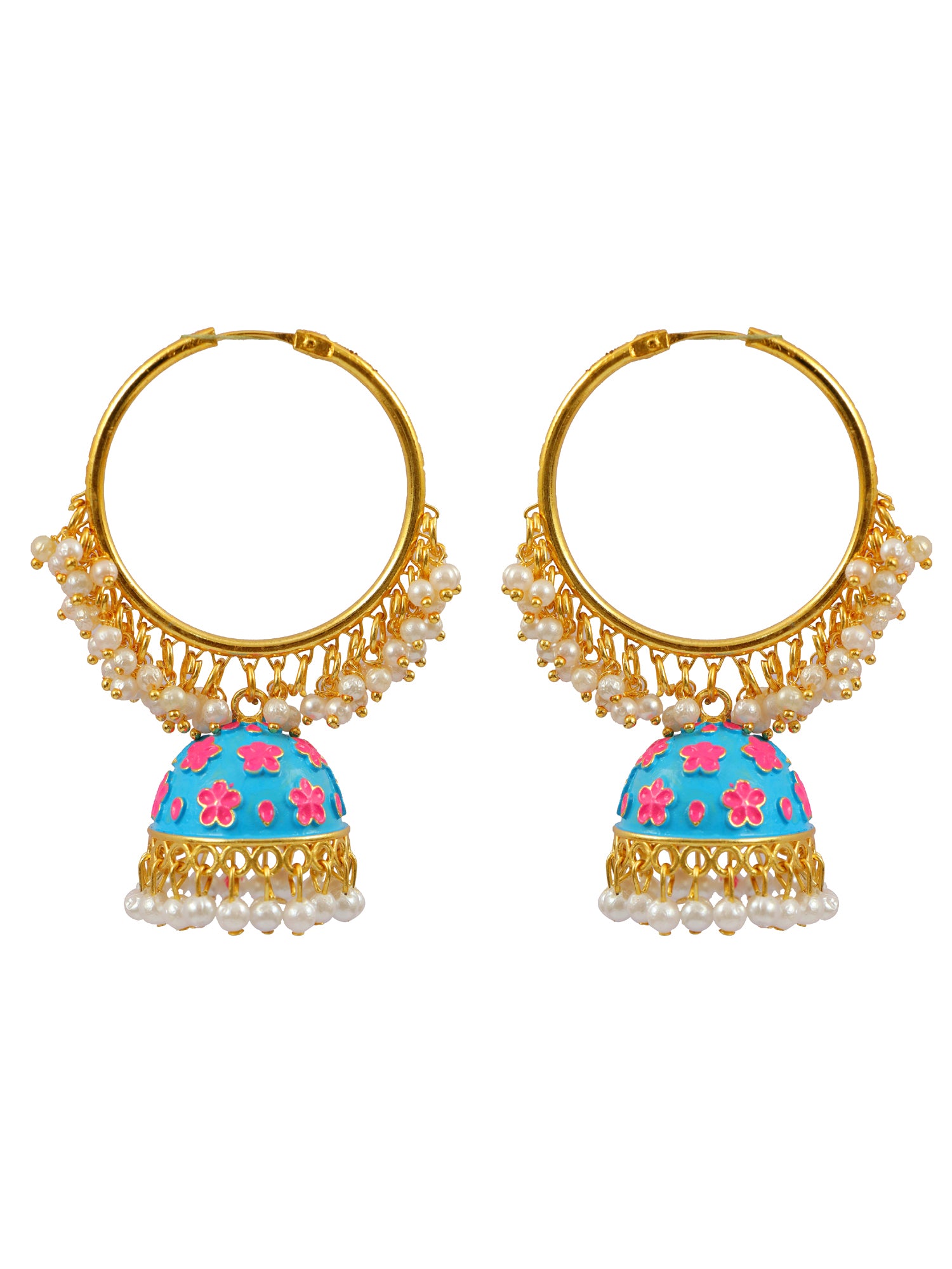Gold-Plated Jhumka Earrings for Women with Blue Hoop Design and White Pearl Accents
