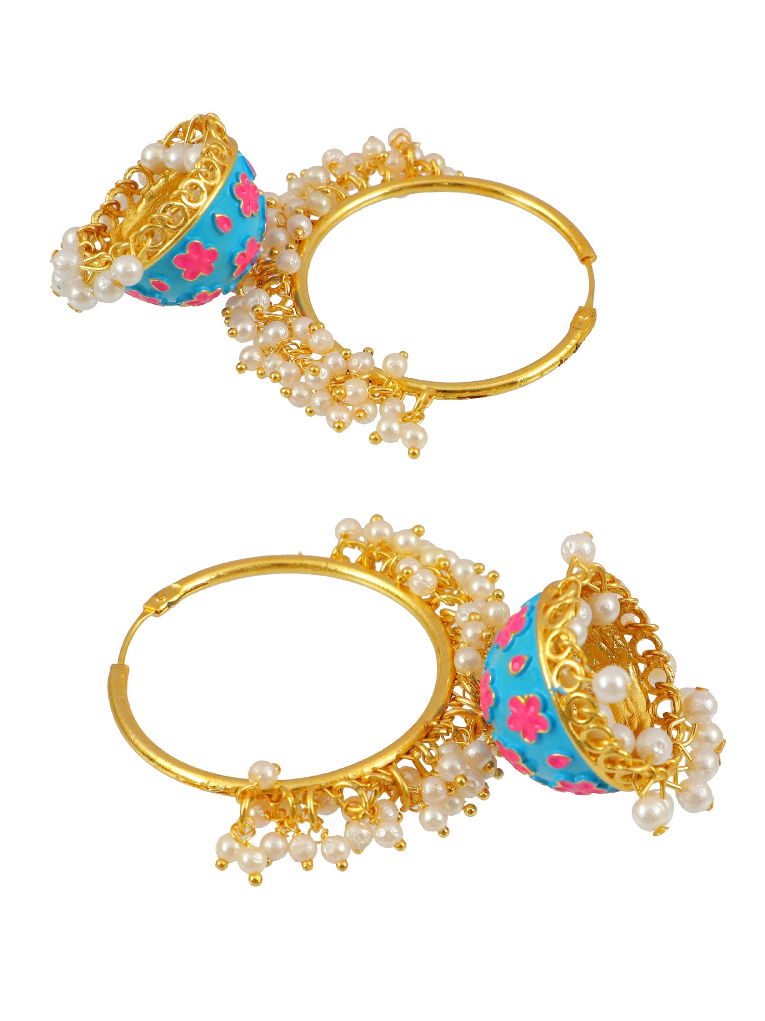 Gold-Plated Jhumka Earrings for Women with Blue Hoop Design and White Pearl Accents
