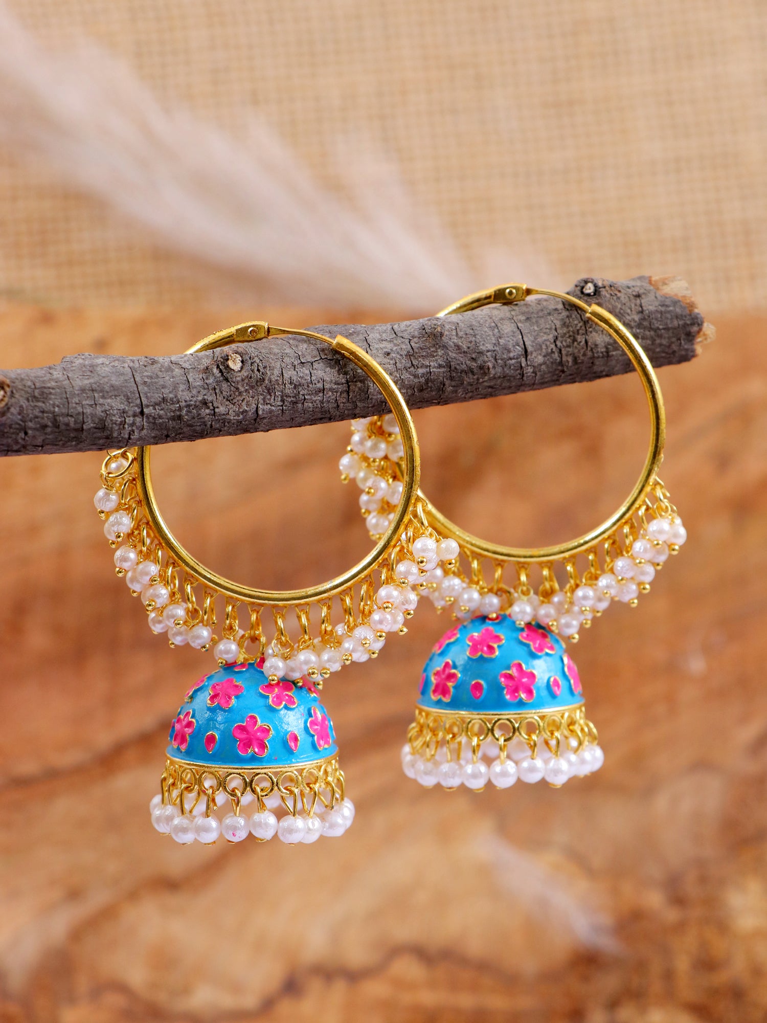 Gold-Plated Jhumka Earrings for Women with Blue Hoop Design and White Pearl Accents