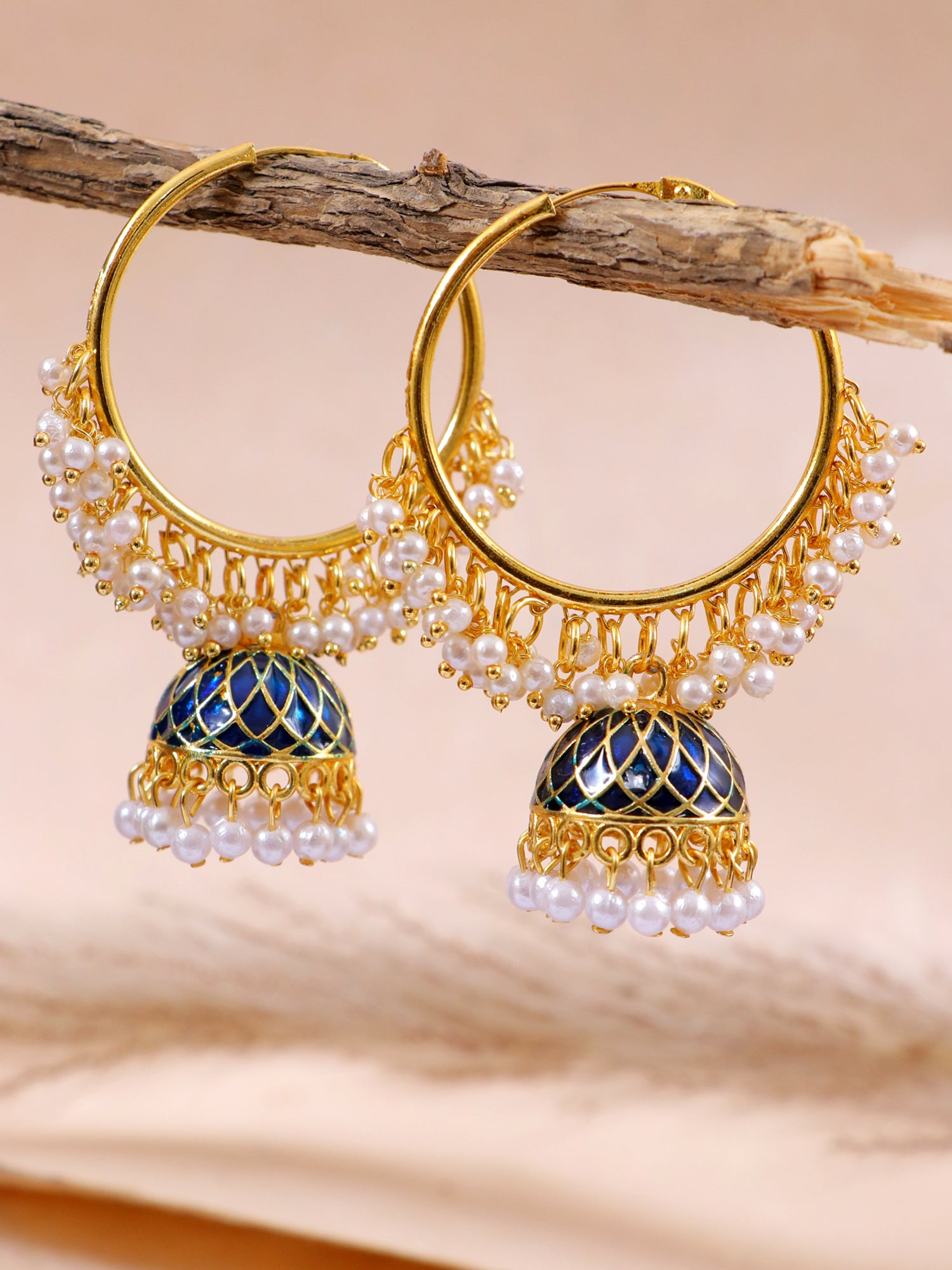 Gold-Plated Jhumka Design: Hoop Earrings with White Pearls for Women