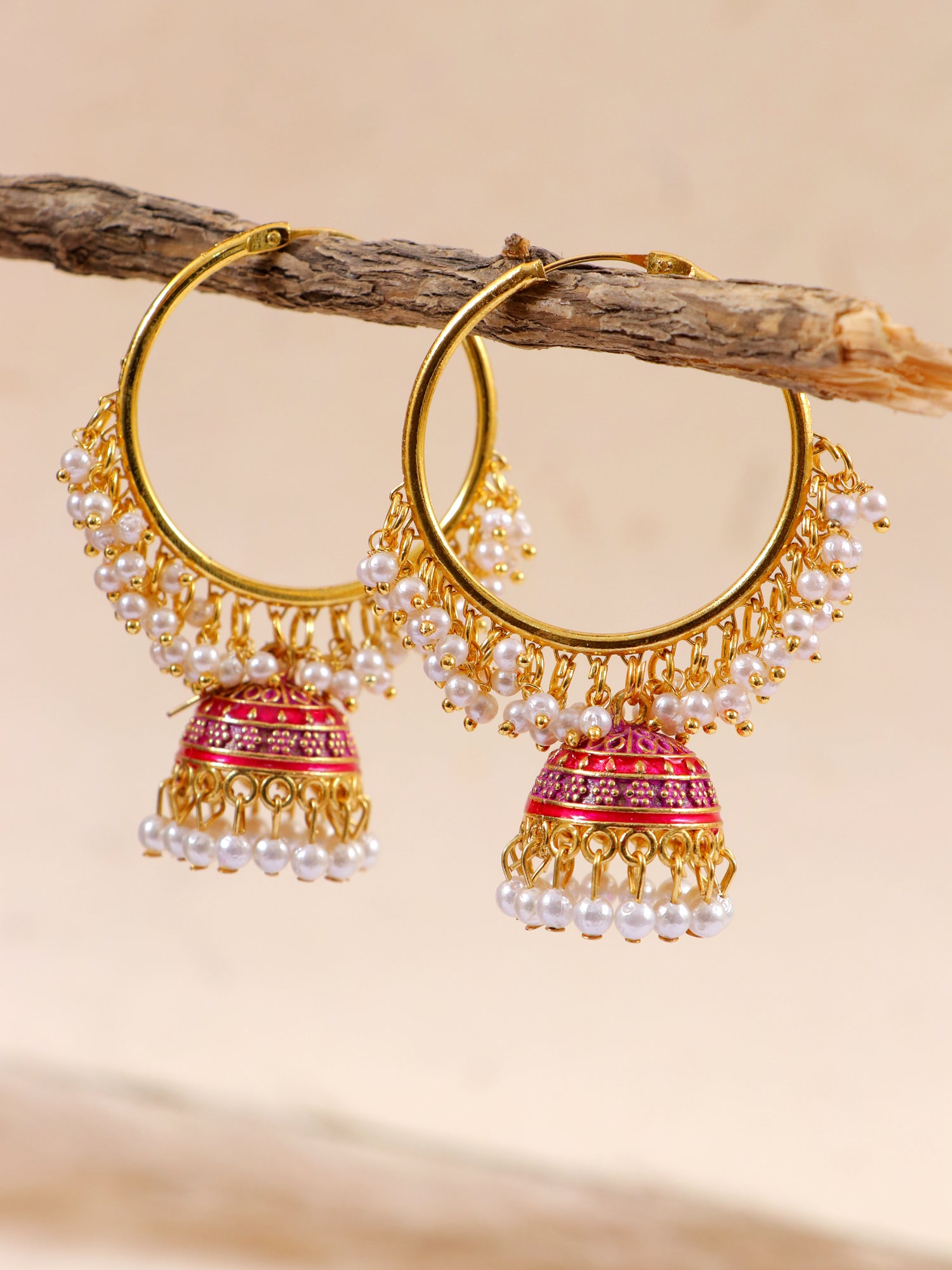 Red Meenakari Hoops Earrings in Gold-Plated Jhumka Design