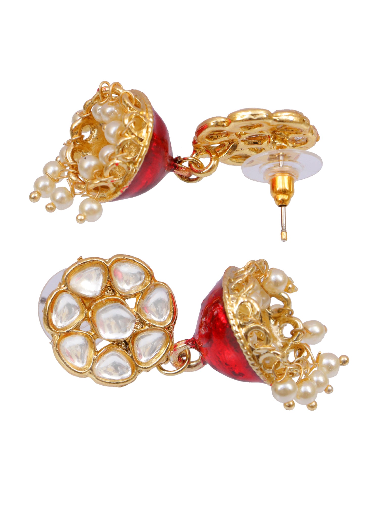 Gold-Plated Floral Red Kundan Jhumka Earrings for Women - Perfect Red Saree Matching Jewellery