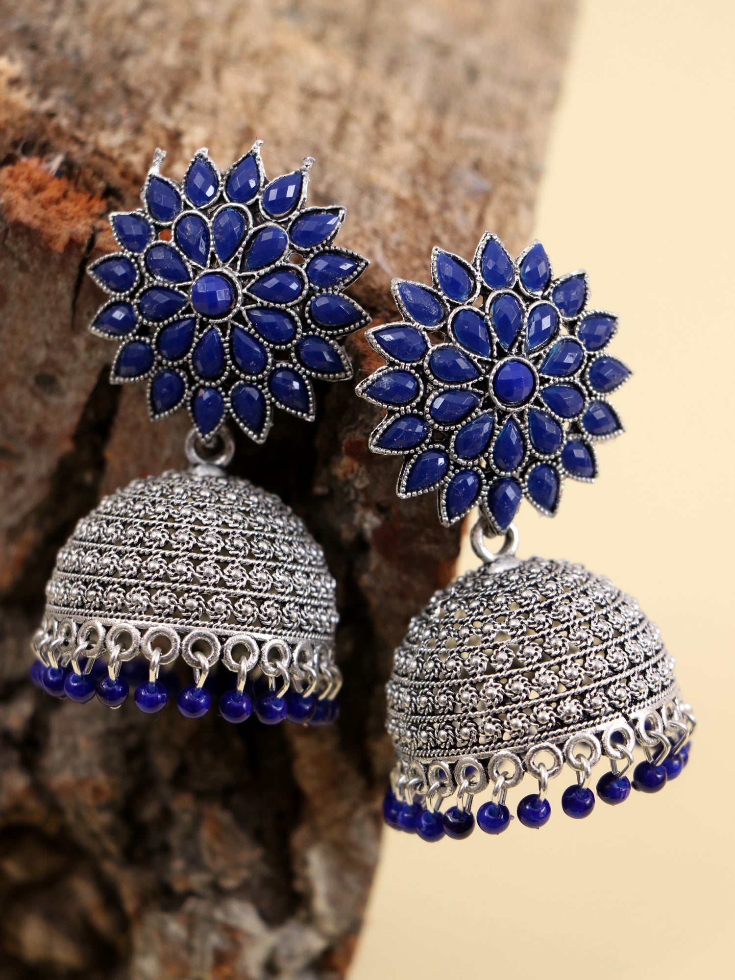 Nisha Oxidised Jhumkas - Oxidised Silver Floral Jhumki Earrings for Women