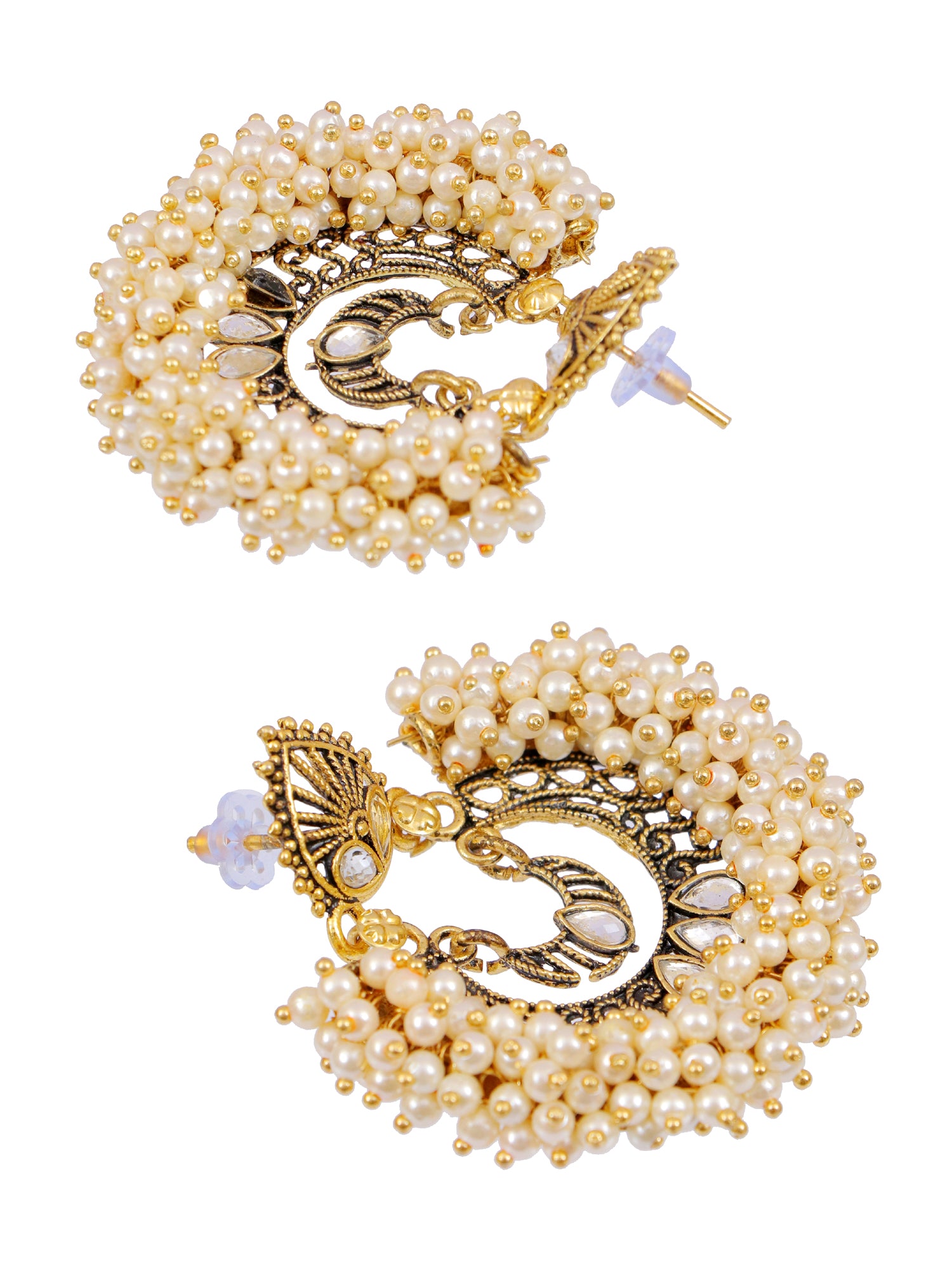 Women's Gold Plated Oxidised Chandbali Earrings with White Pearls and Kundan Stones