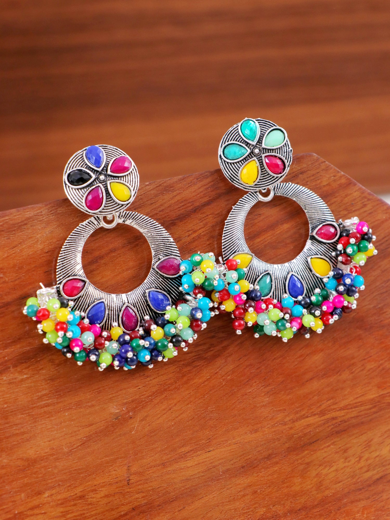 Oxidised Silver Plated Multicolor Beads Dangler Earrings for WOmen