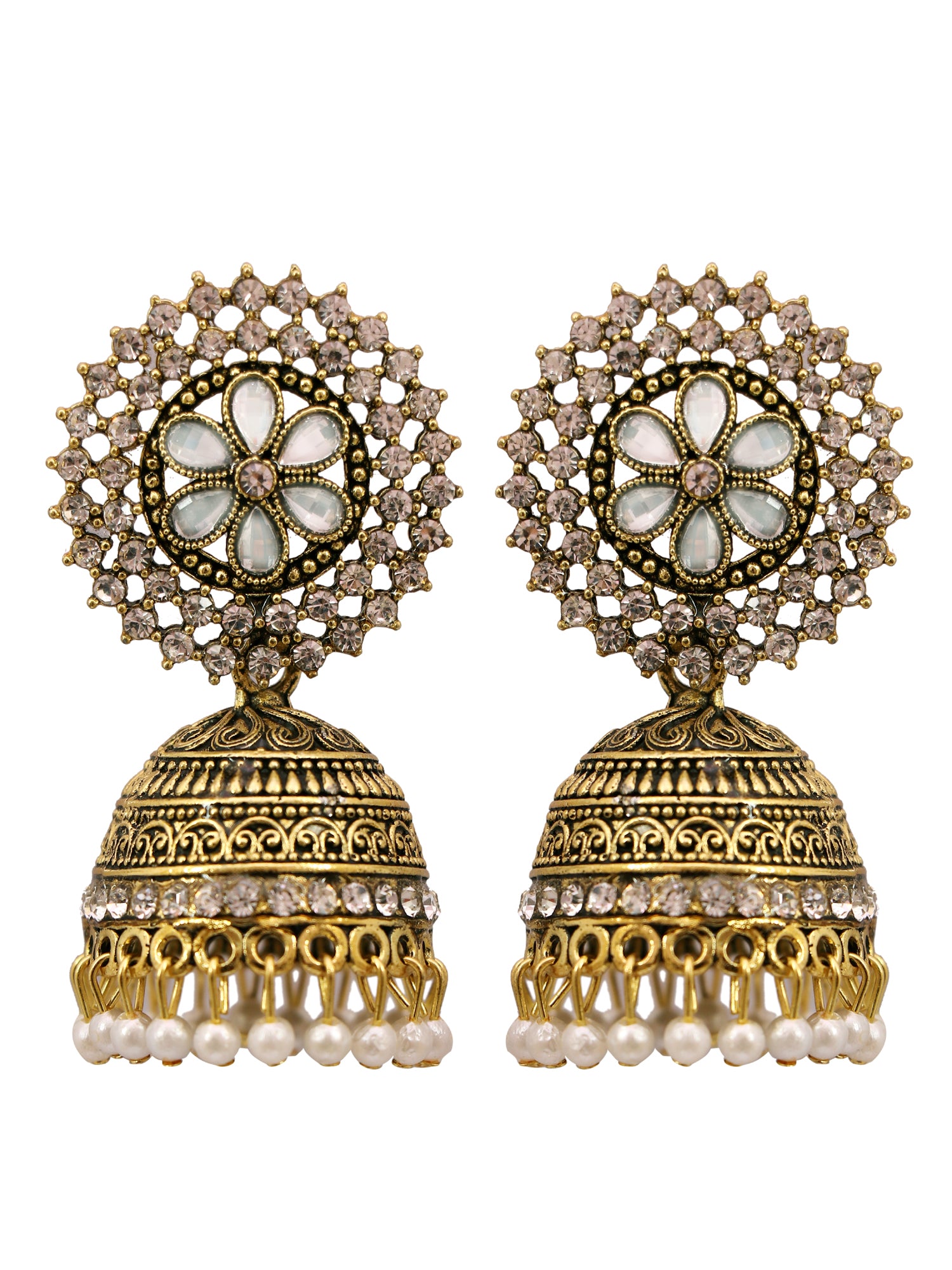 Women's Gold Plated, White Kundan, Pearl and Gold Jhumka Earrings