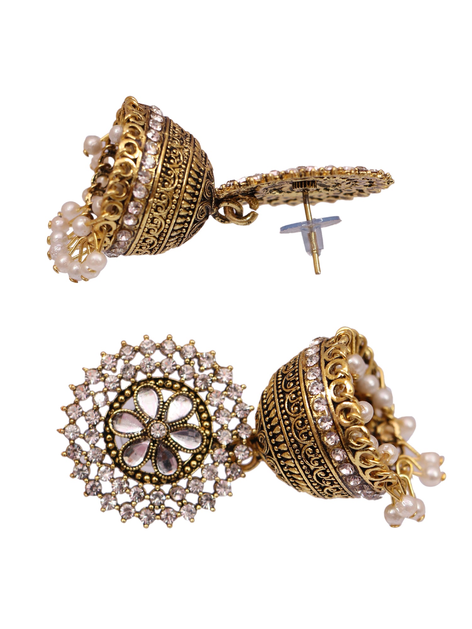 Women's Gold Plated, White Kundan, Pearl and Gold Jhumka Earrings