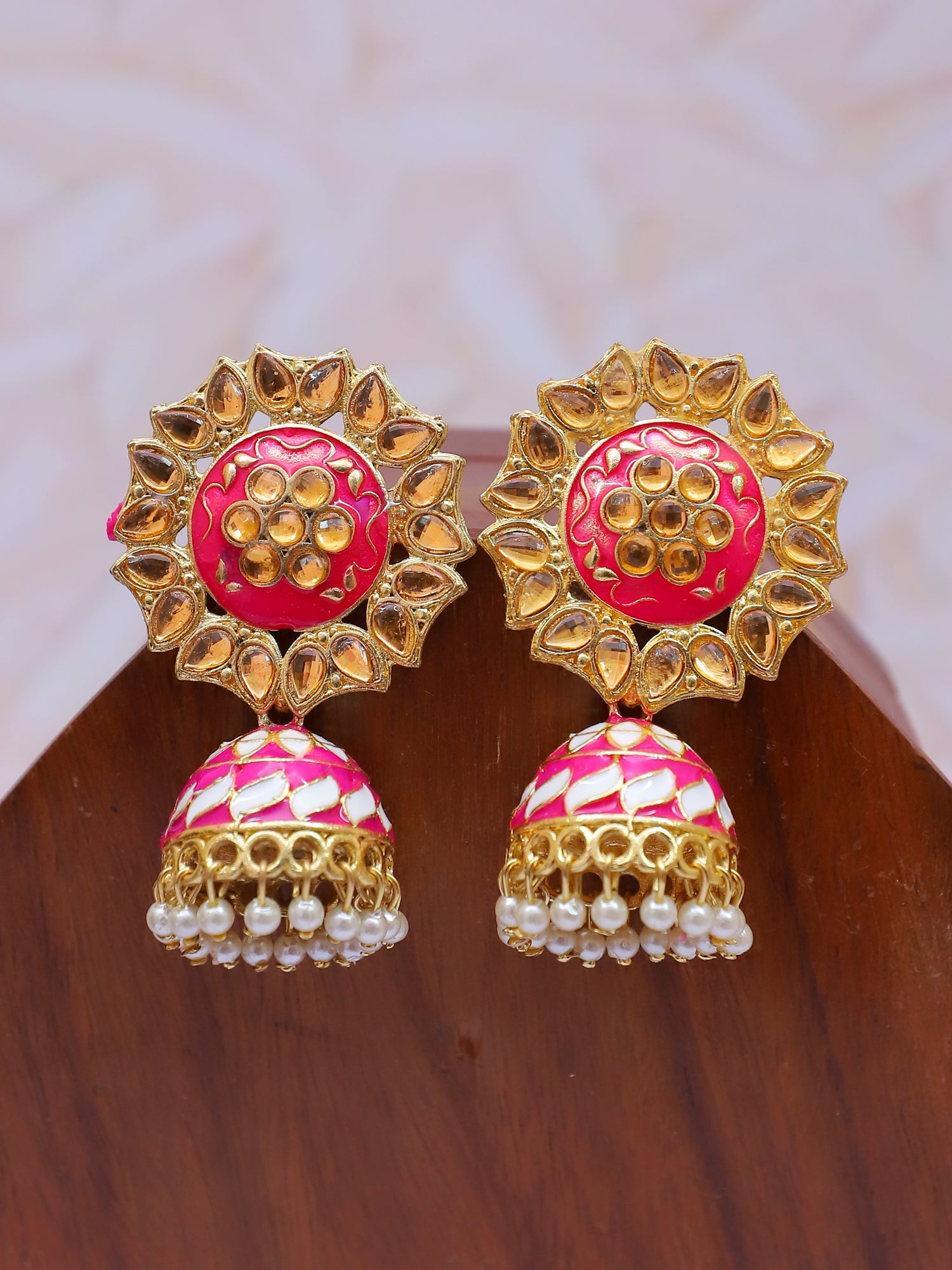 Floral Meenakari Red & Gold Kundan Traditional Jhumki Earrings