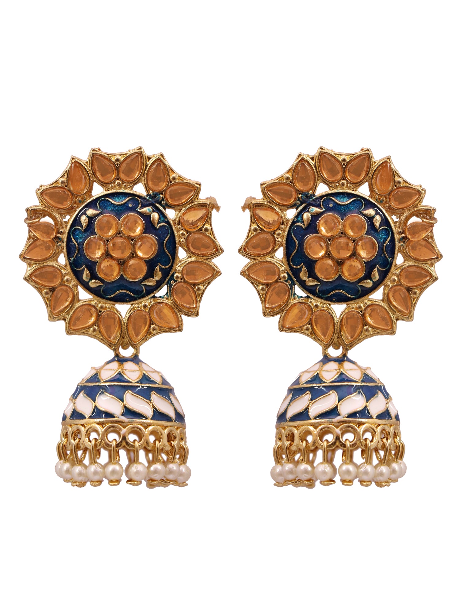 Traditional Gold Jimikki Kammal with Blue Meenakari Floral Kundan Artwork