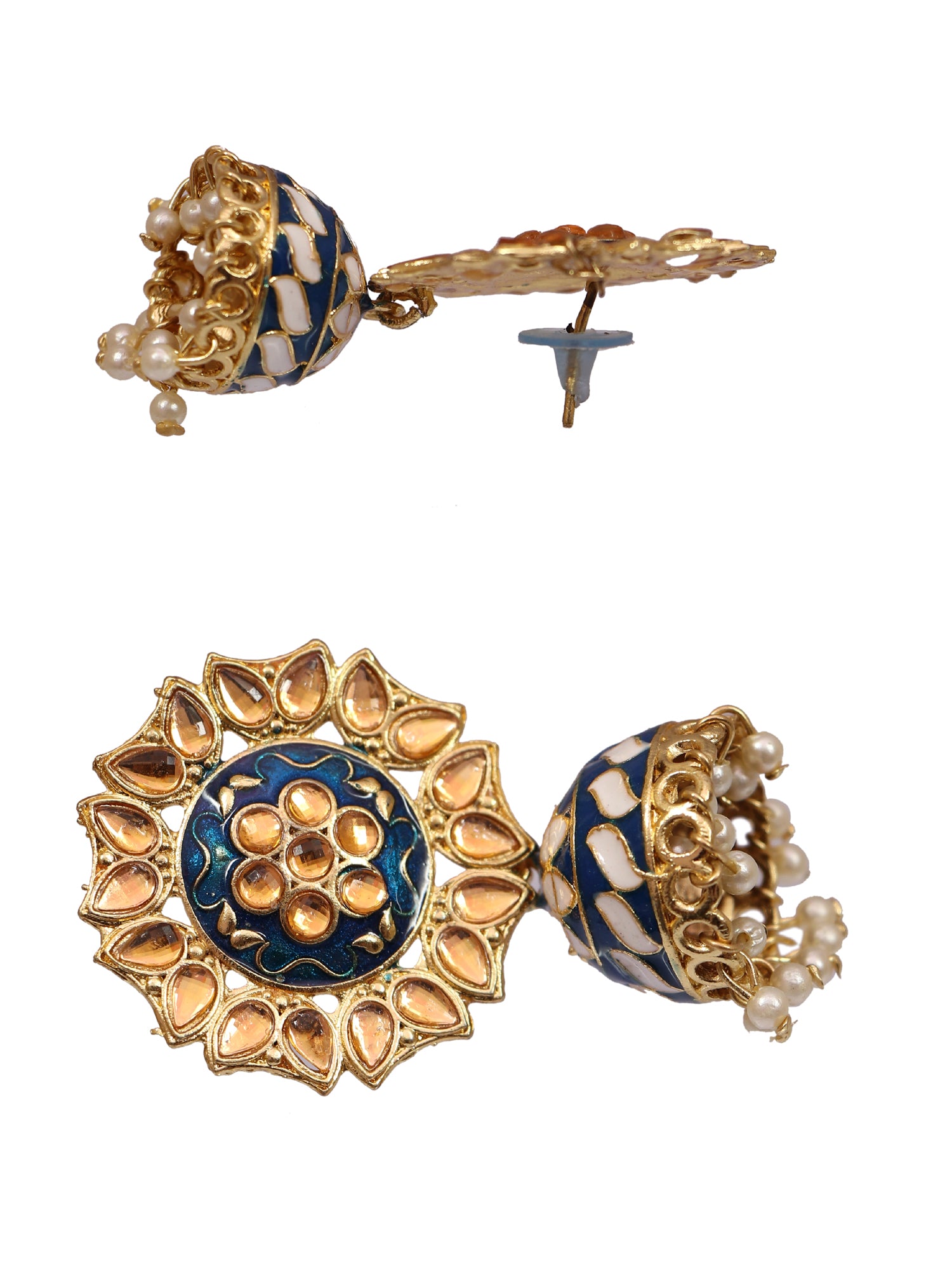 Traditional Gold Jimikki Kammal with Blue Meenakari Floral Kundan Artwork