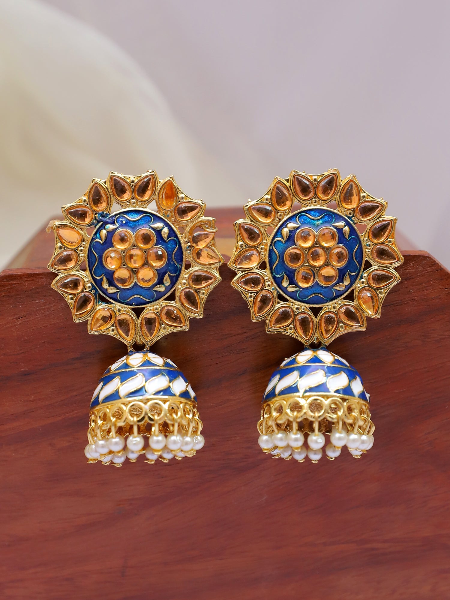 Traditional Gold Jimikki Kammal with Blue Meenakari Floral Kundan Artwork