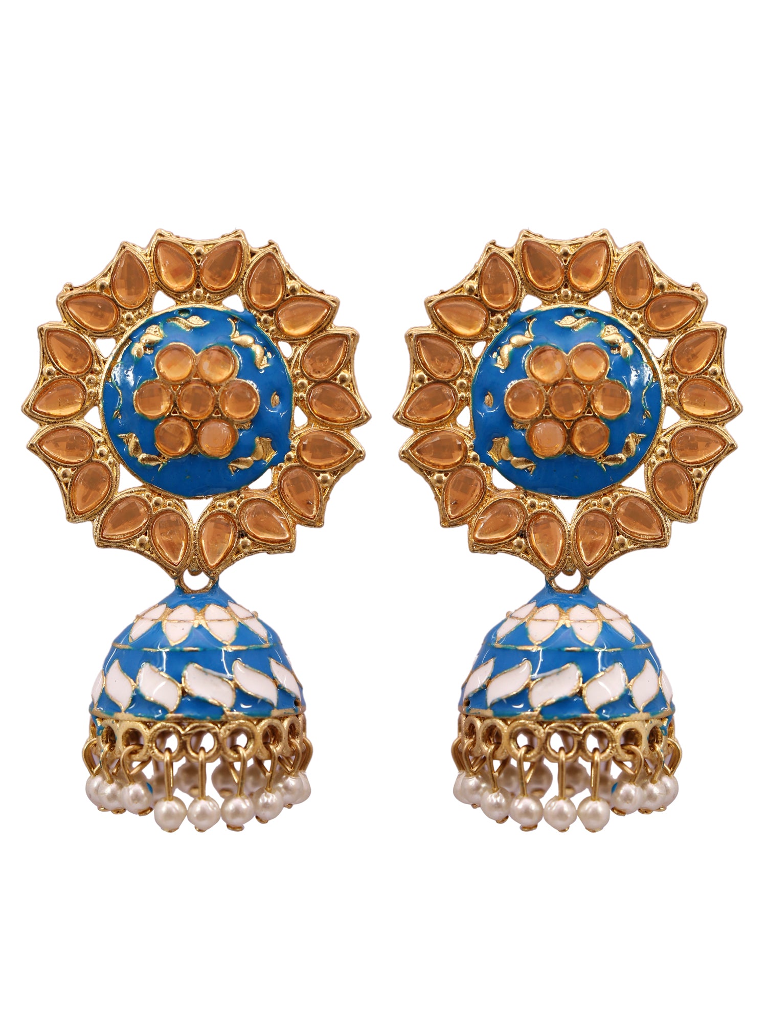 Traditional Golden Sky Blue Meenakari Floral Kundan Jhumki Earrings for Blue Saree