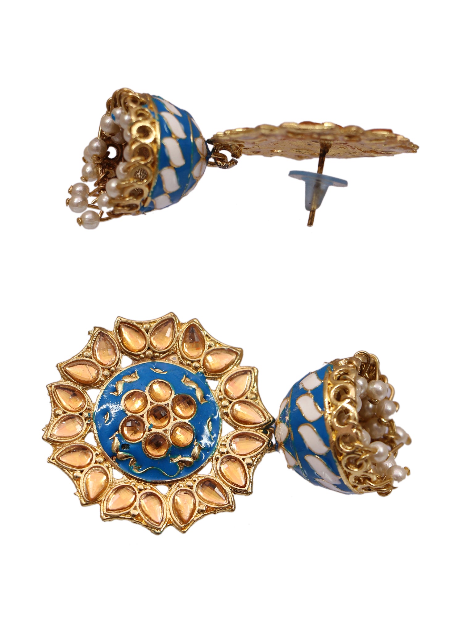 Traditional Golden Sky Blue Meenakari Floral Kundan Jhumki Earrings for Blue Saree