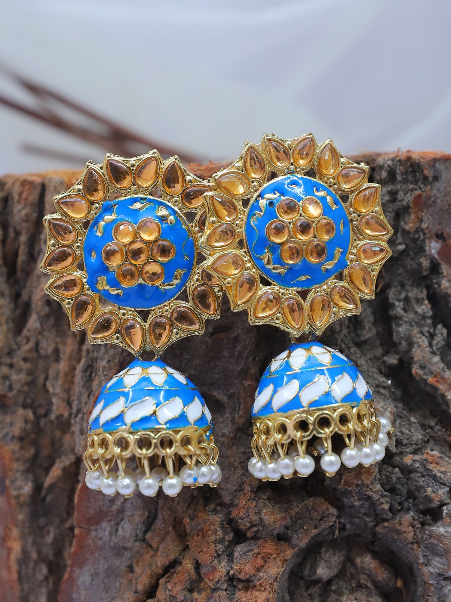 Traditional Golden Sky Blue Meenakari Floral Kundan Jhumki Earrings for Blue Saree