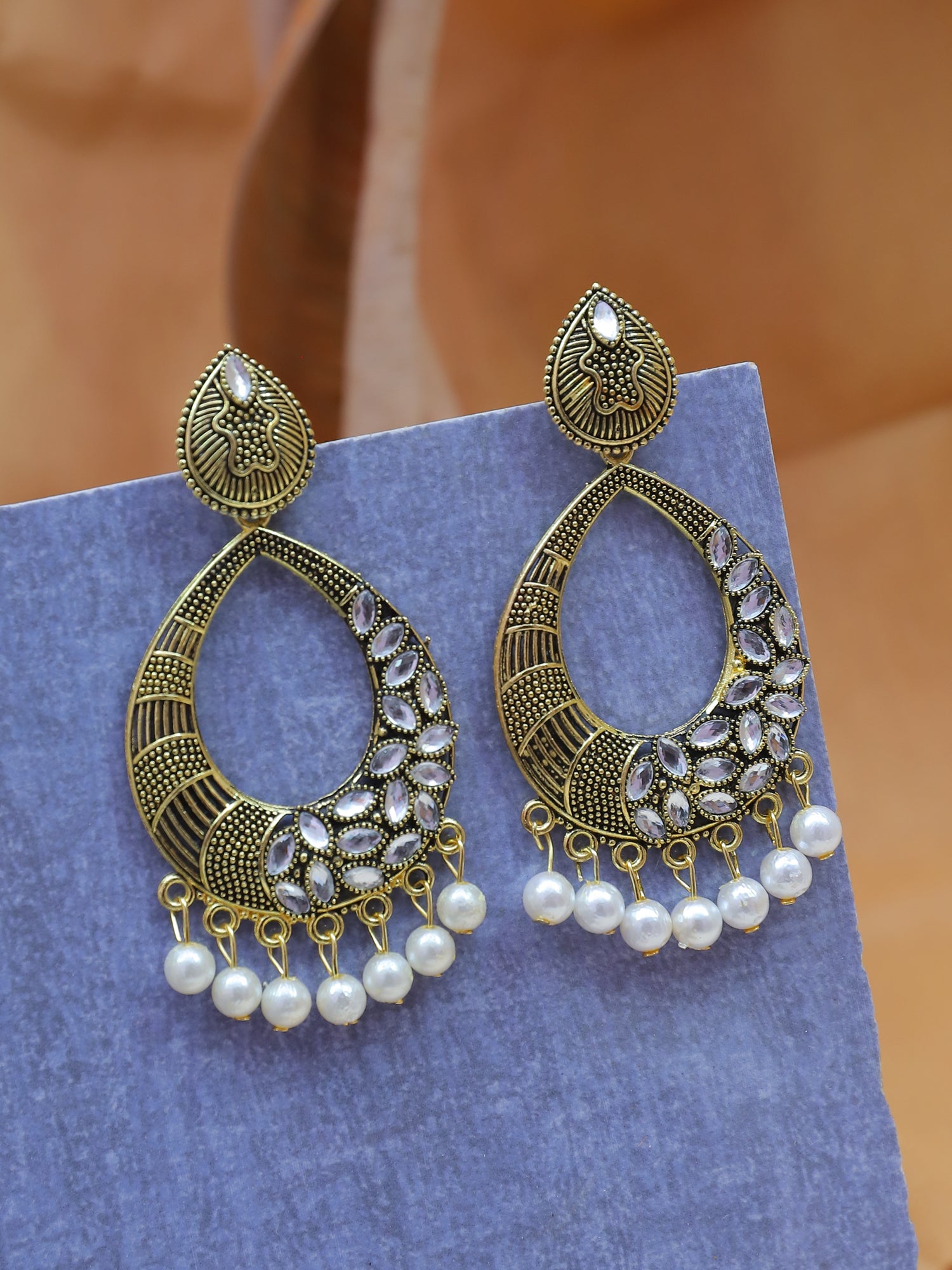 Stunning Oxidised Gold White Kundan Work Dangler Earrings for Women and Girls