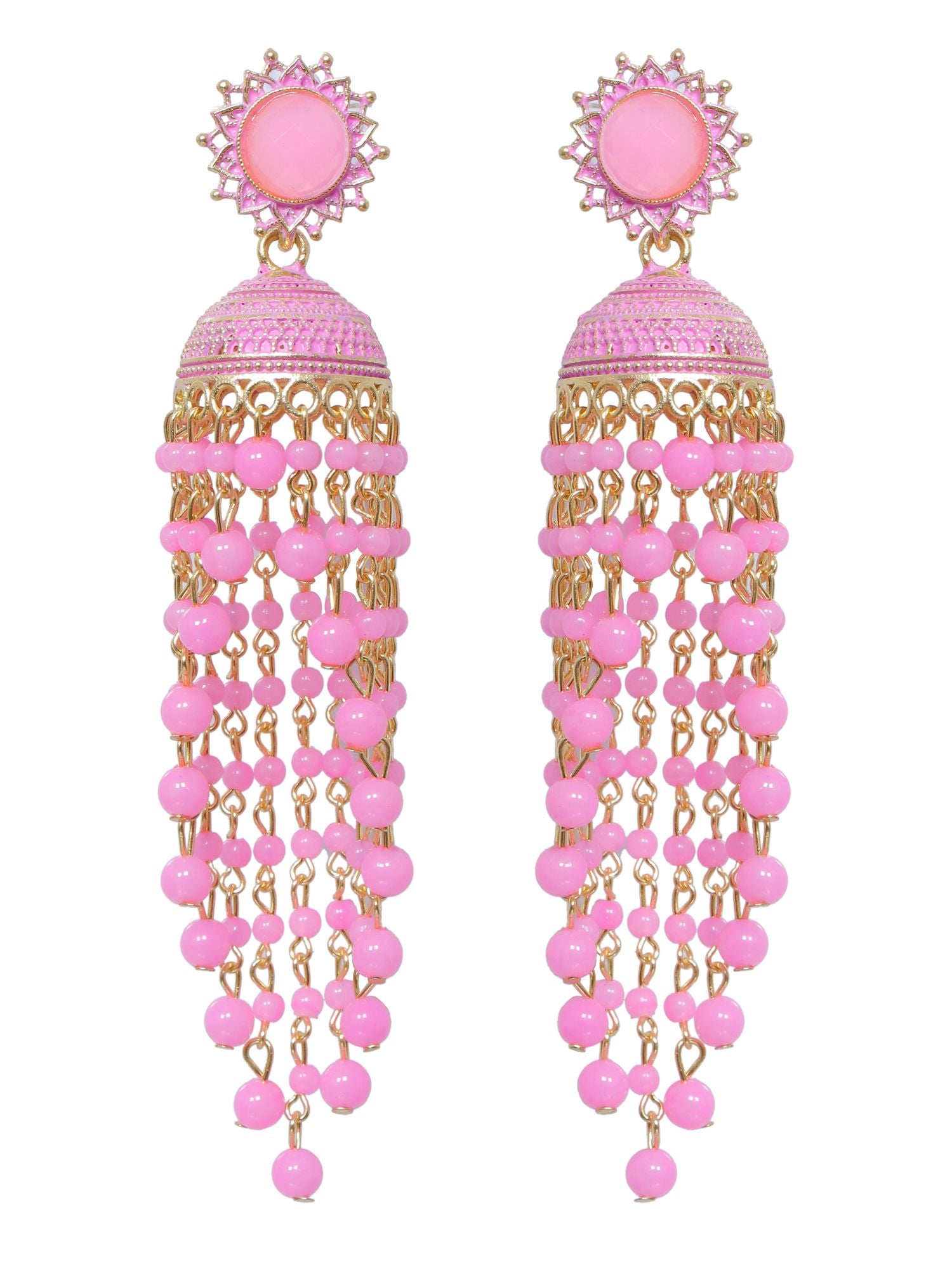 Gold-Plated Pink Beads Jhumkas - Unique Style for Women & Girls