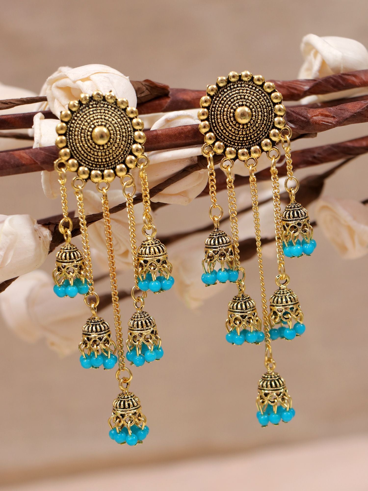 Elegant Asymmetric Sky-Blue & Gold Jhumka Earrings for Women - Perfect Sky Blue Saree Matching Jewellery