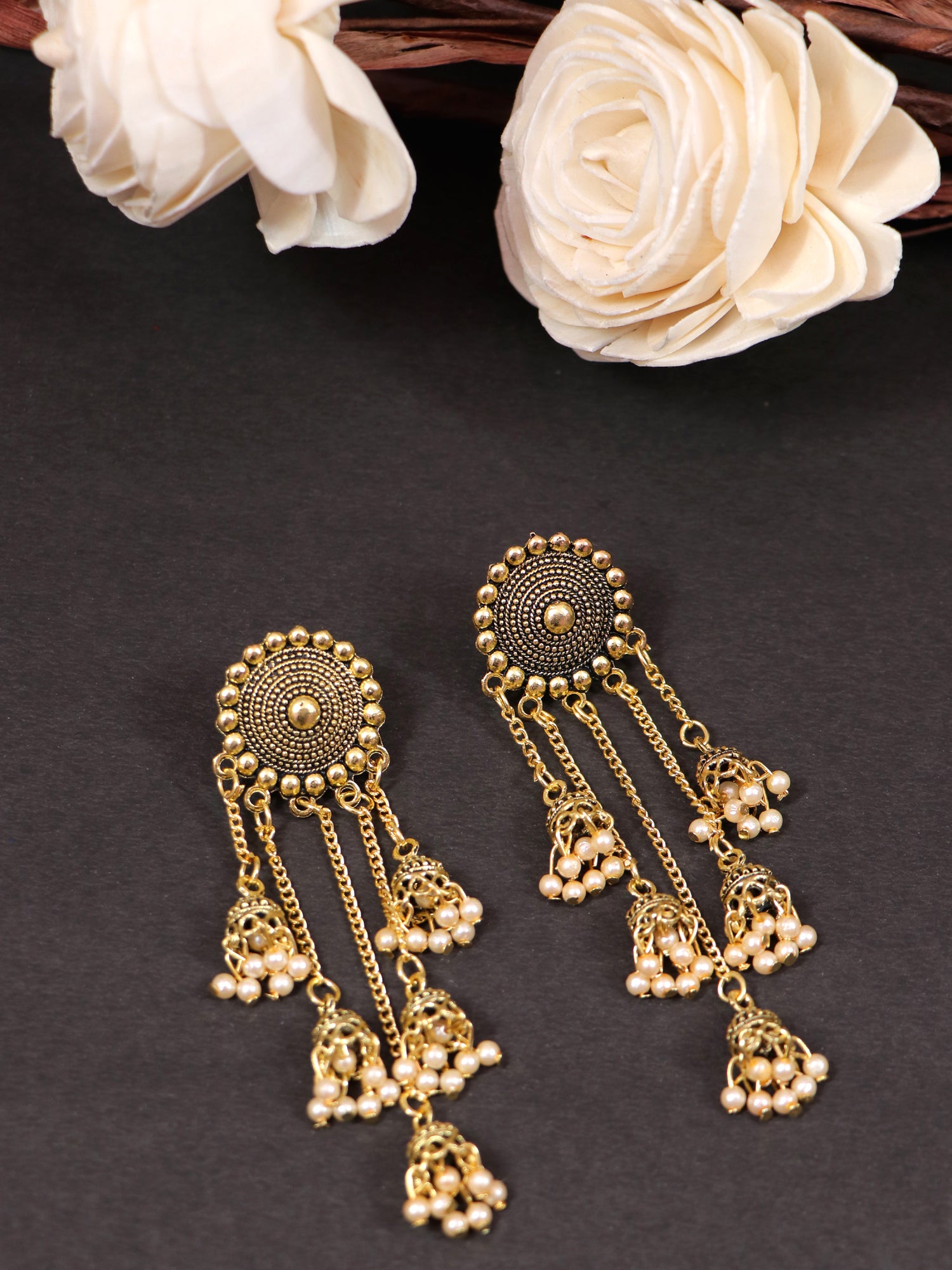 Gold-Plated Ethnic Pearl Dangling Jhumki Earrings For Woman & Girls