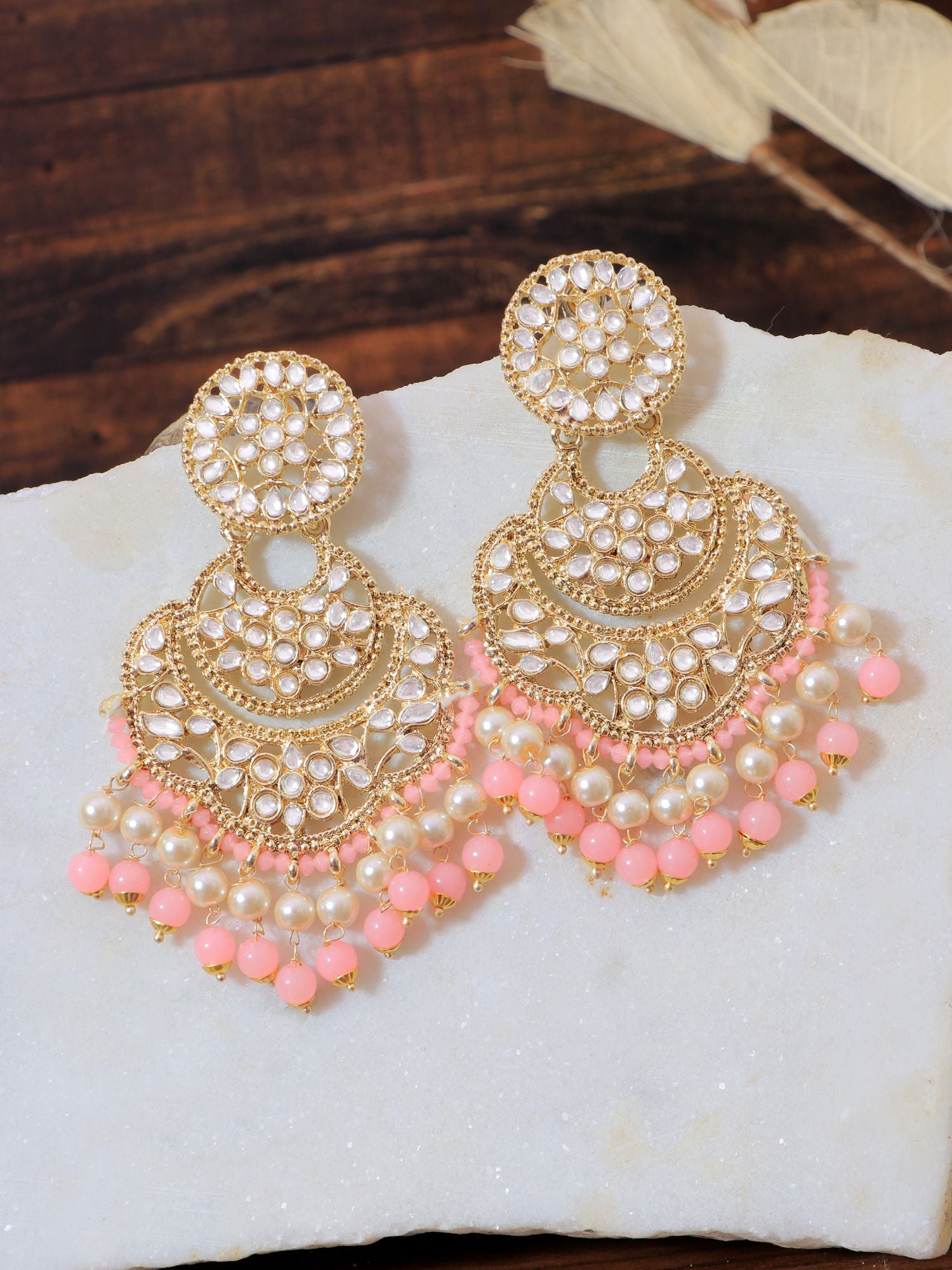 Light Pink Kundan Drop & Dangler Earrings for Women & Girls