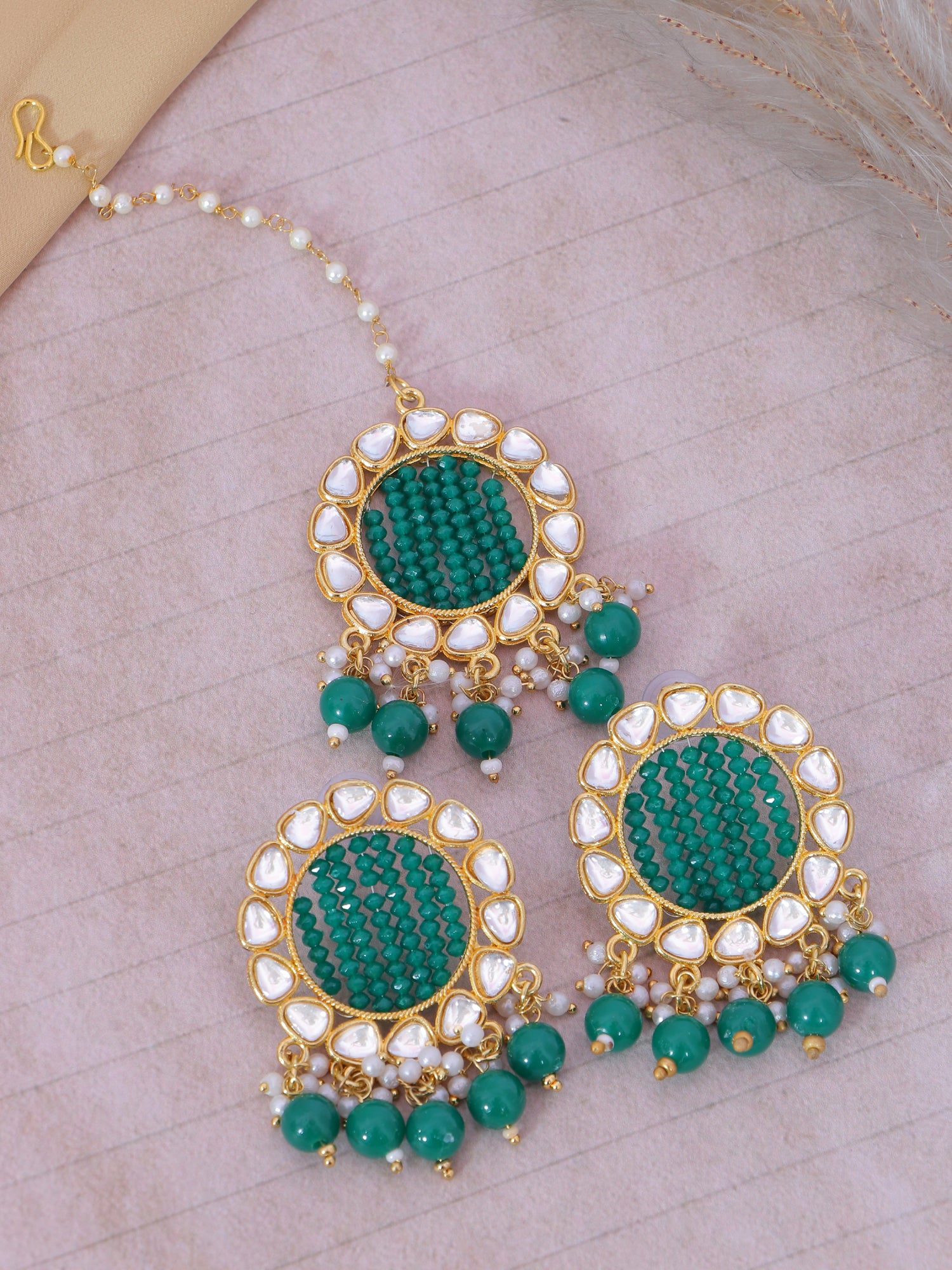 Gold-Plated Grey Kundan Earrings & Maang Tikka Set for Girls and Women