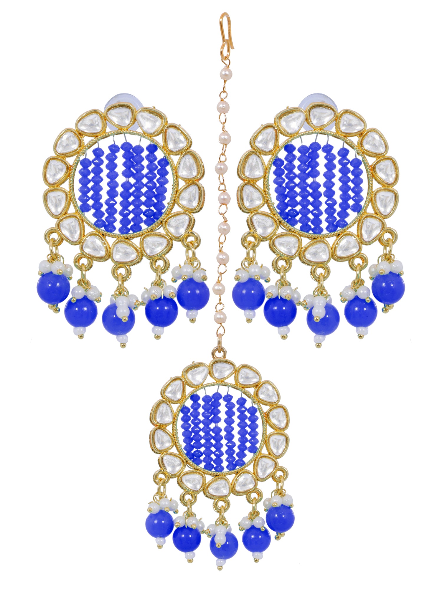 Gold-Plated Grey Kundan Earrings & Maang Tikka Set for Girls and Women