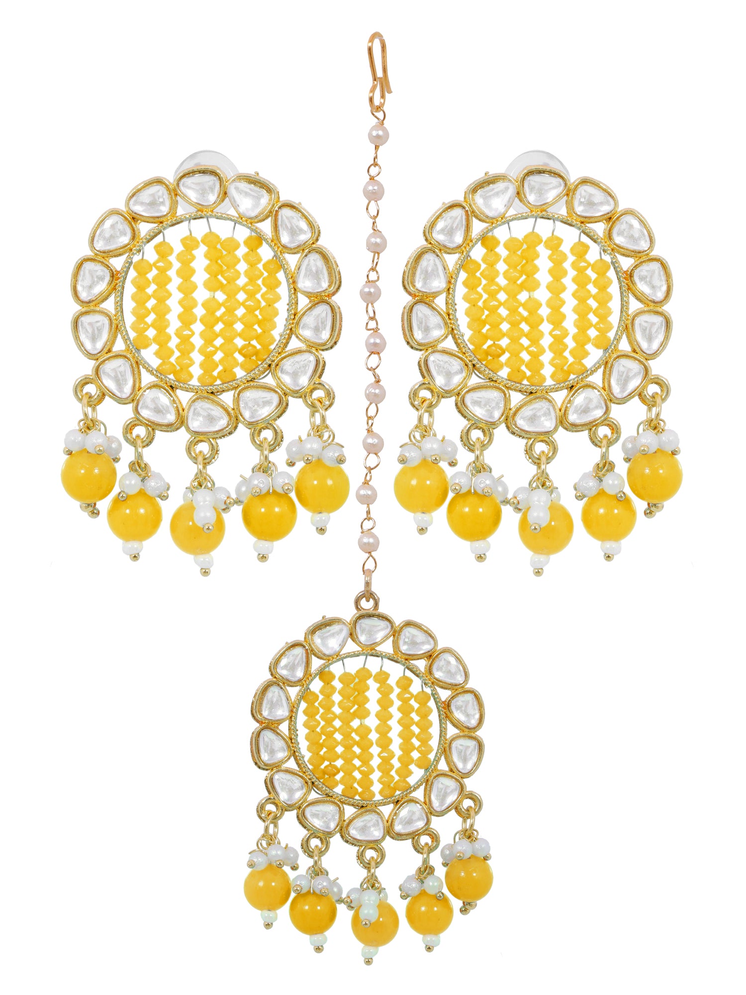 Gold-Plated Grey Kundan Earrings & Maang Tikka Set for Girls and Women