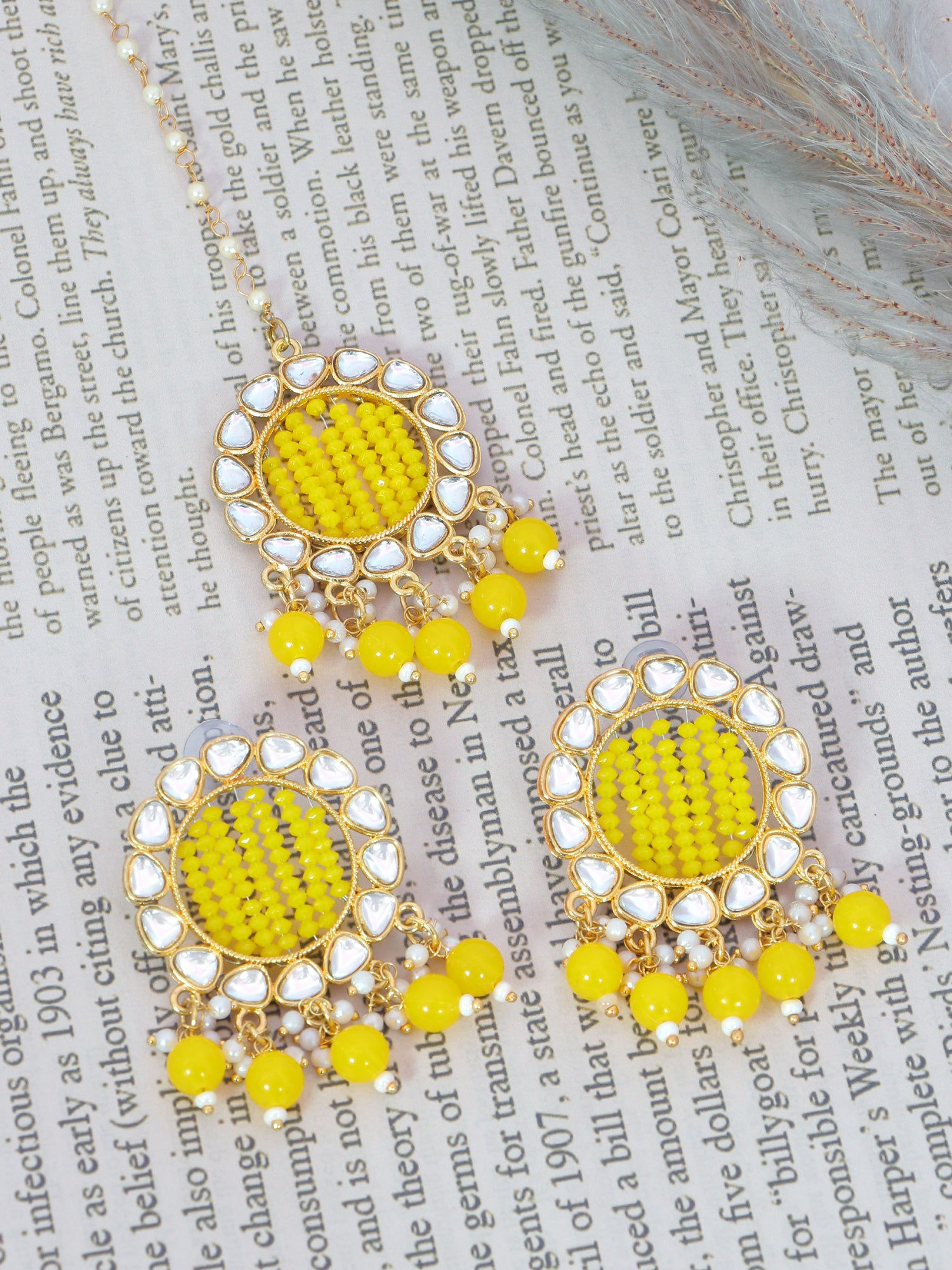 Gold-Plated Grey Kundan Earrings & Maang Tikka Set for Girls and Women
