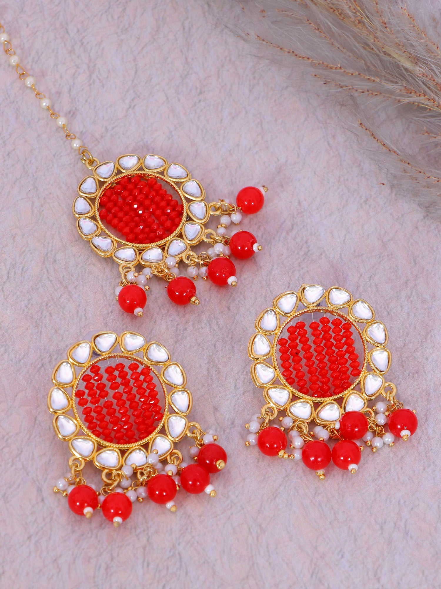 Gold-Plated Grey Kundan Earrings & Maang Tikka Set for Girls and Women