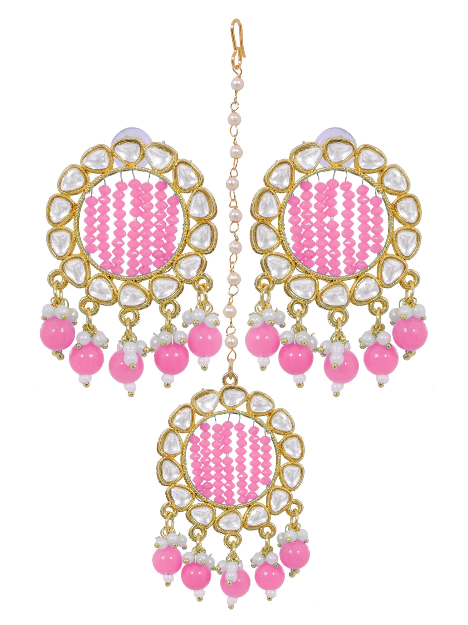 Gold-Plated Grey Kundan Earrings & Maang Tikka Set for Girls and Women