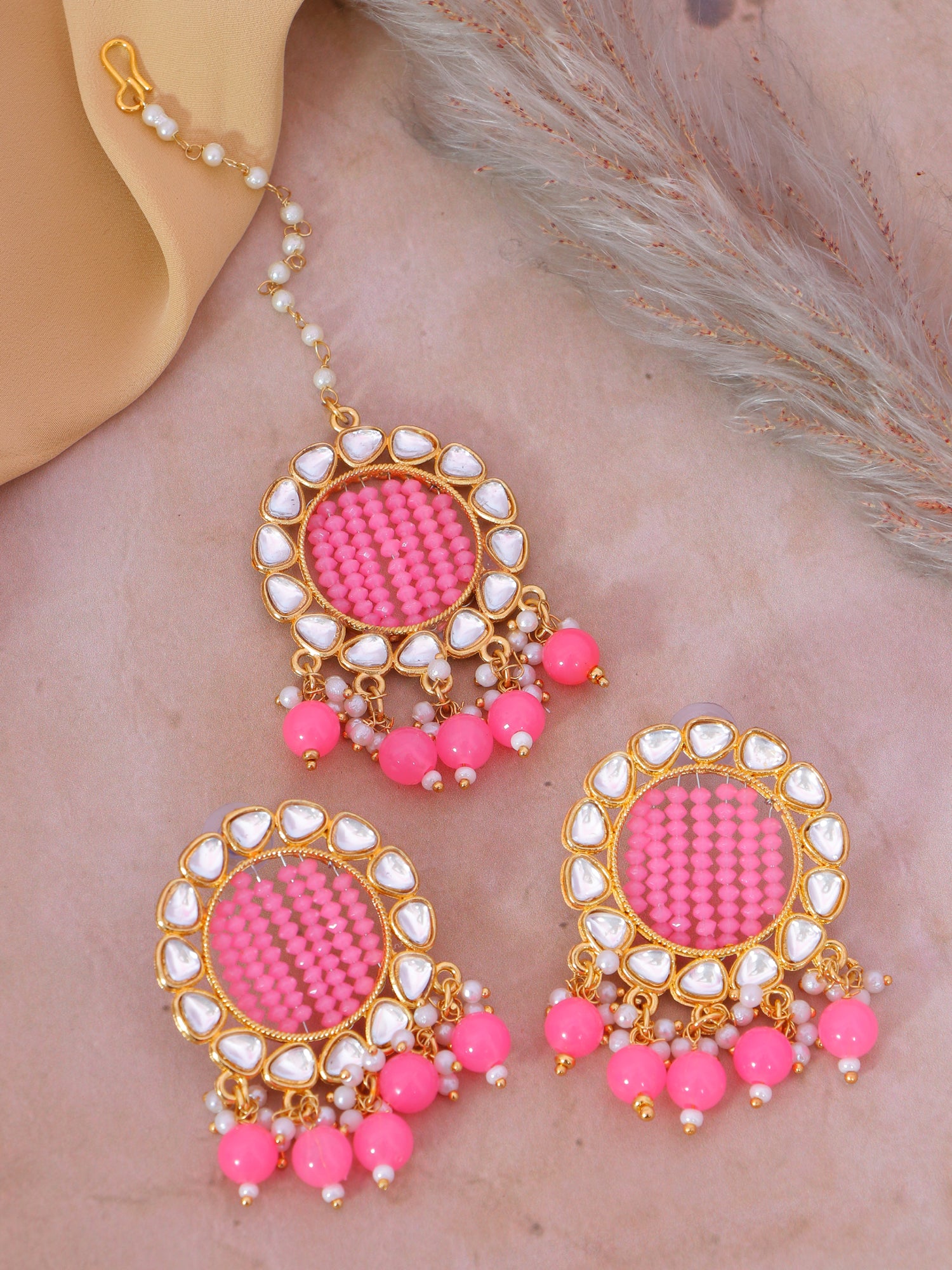 Gold-Plated Grey Kundan Earrings & Maang Tikka Set for Girls and Women