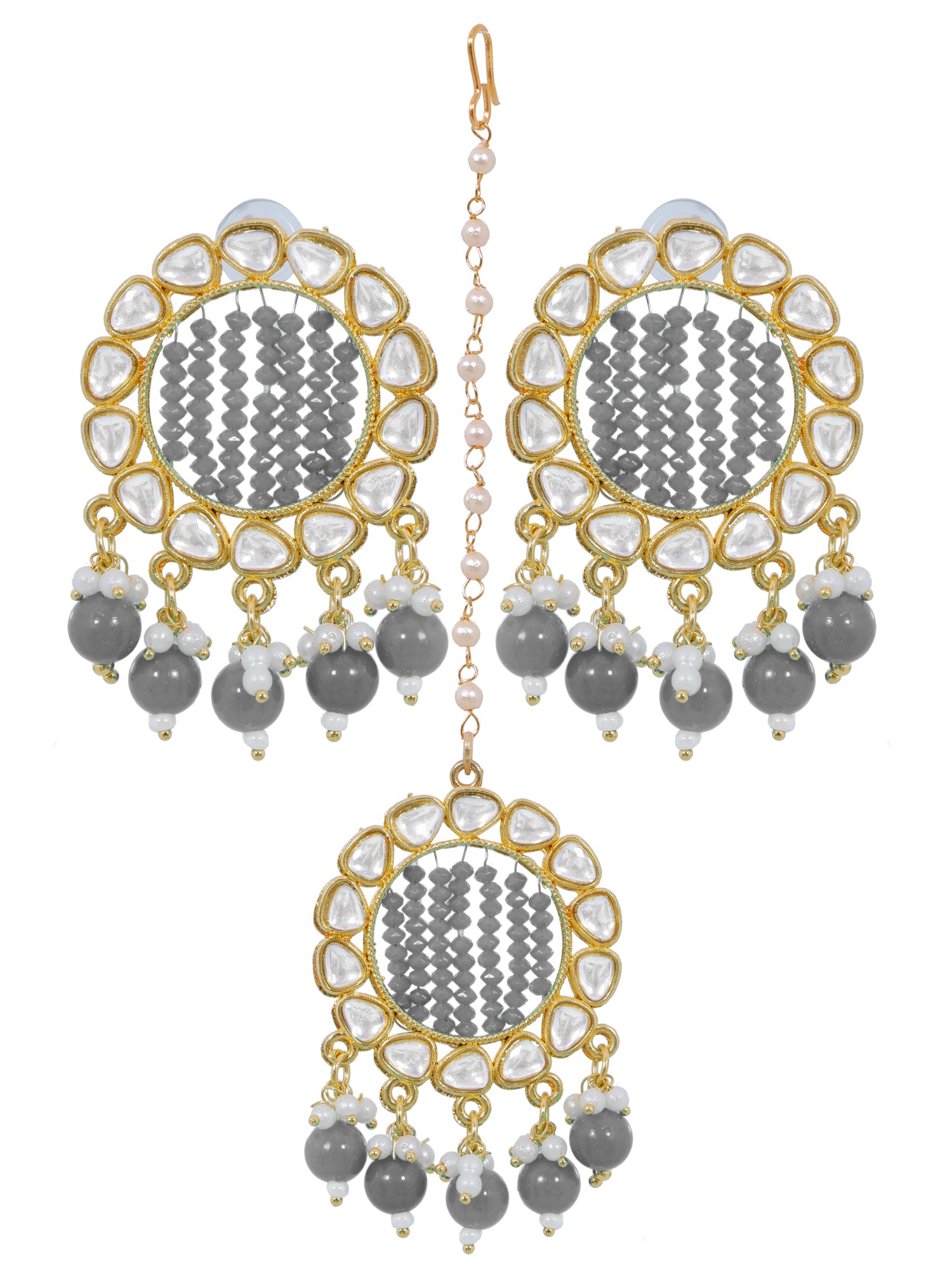 Gold-Plated Grey Kundan Earrings & Maang Tikka Set for Girls and Women