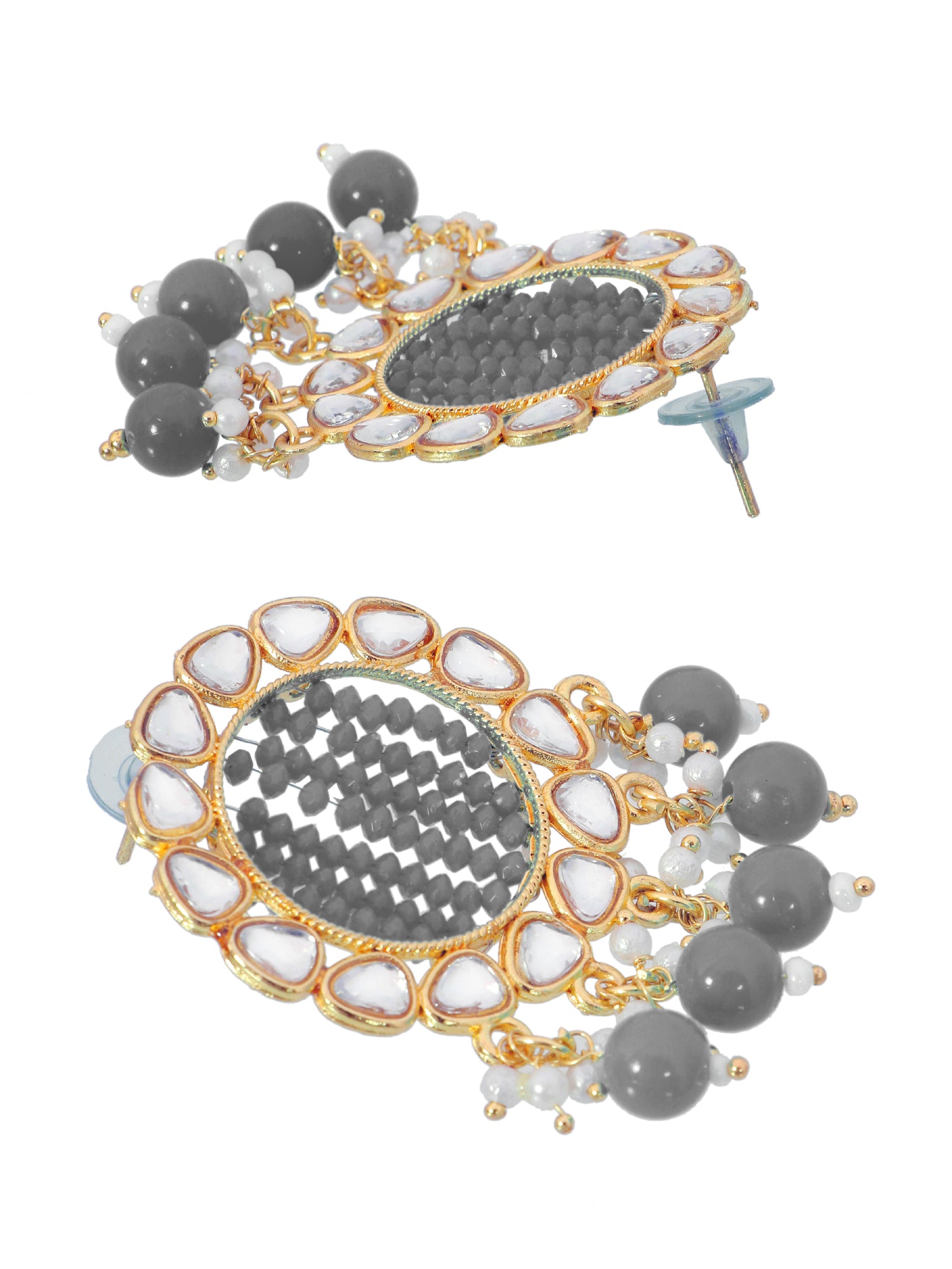 Gold-Plated Grey Kundan and Pearl Earrings with Tika Set