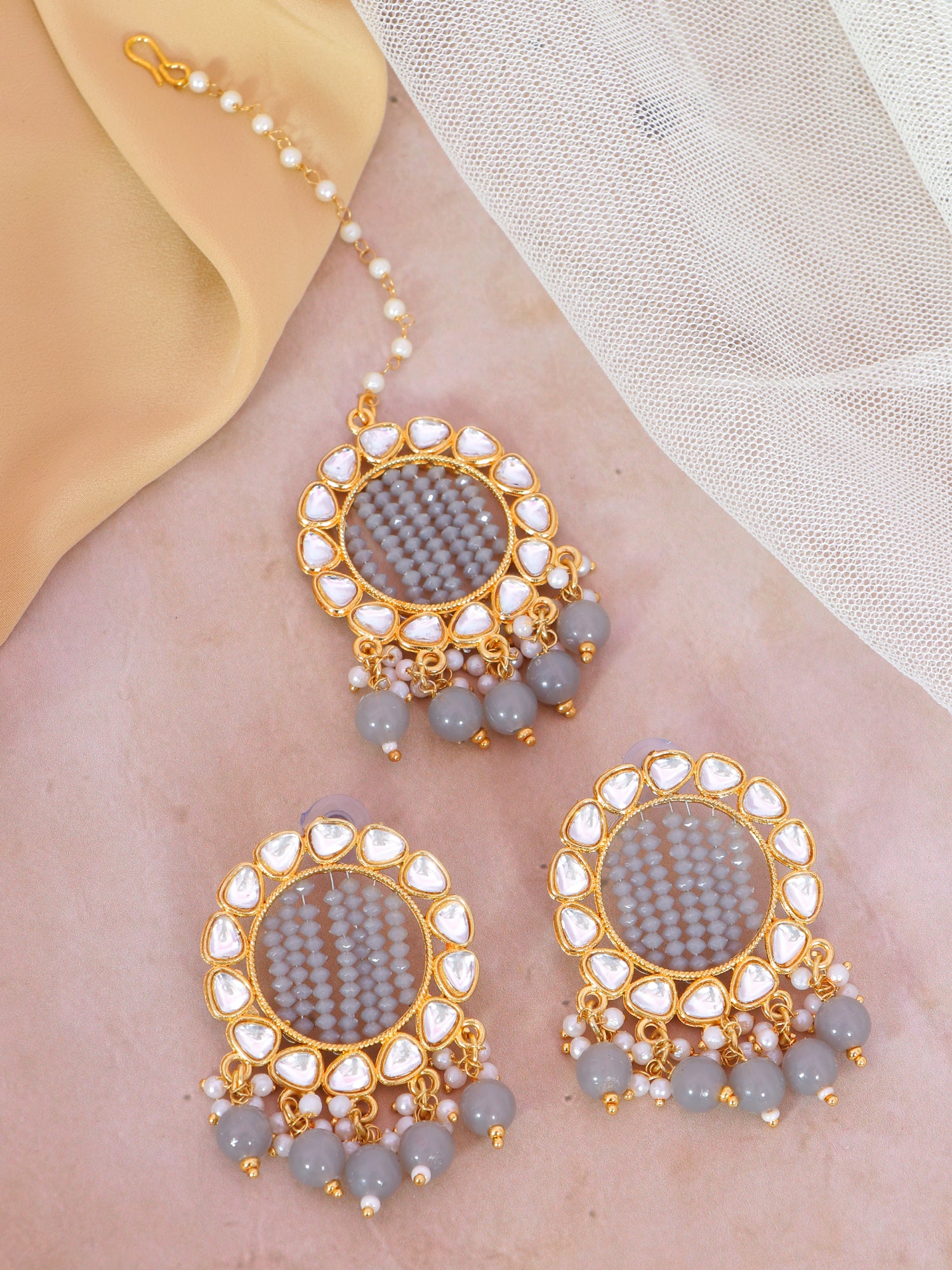 Gold-Plated Grey Kundan Earrings & Maang Tikka Set for Girls and Women