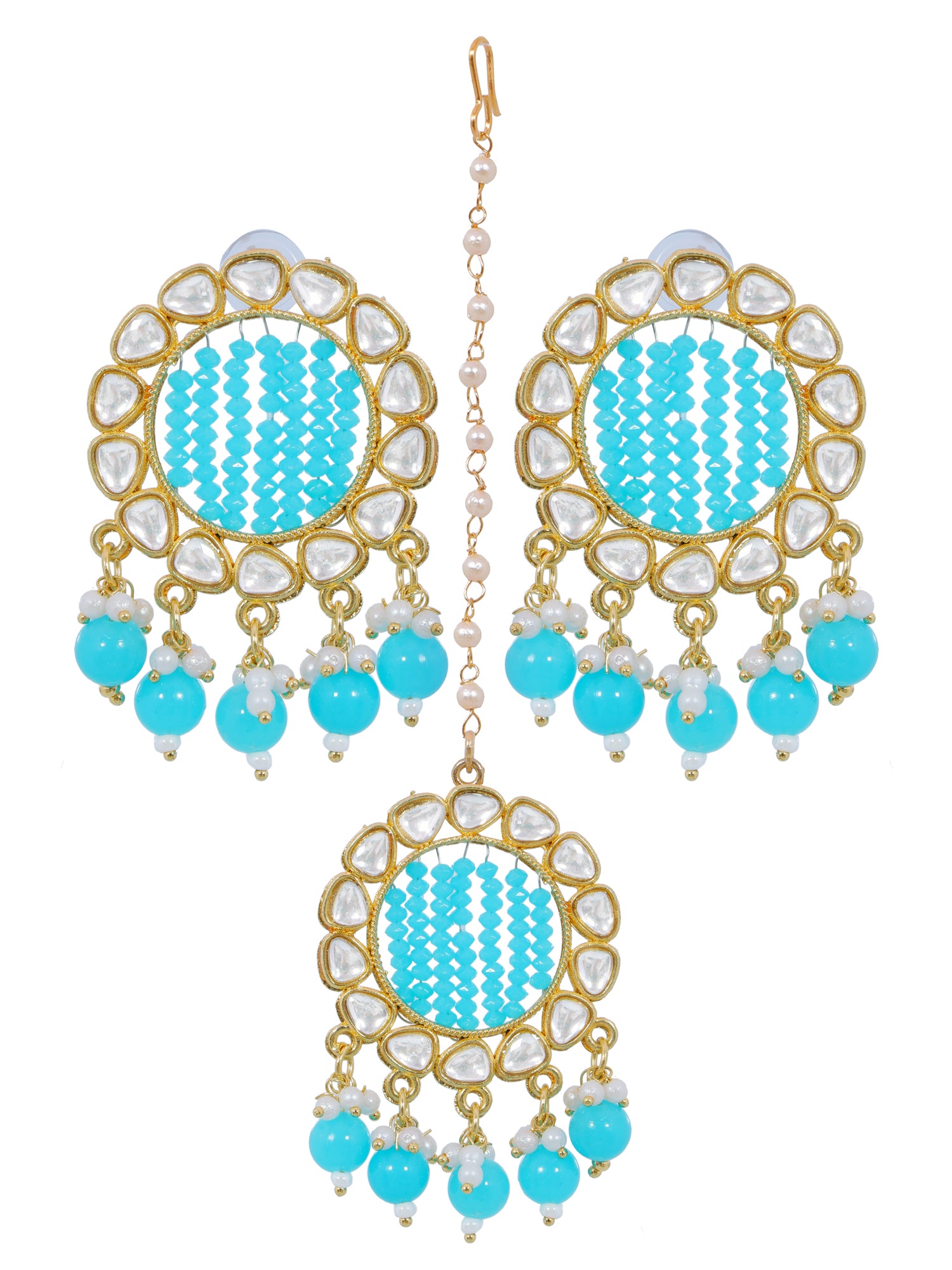 Gold-Plated Grey Kundan Earrings & Maang Tikka Set for Girls and Women