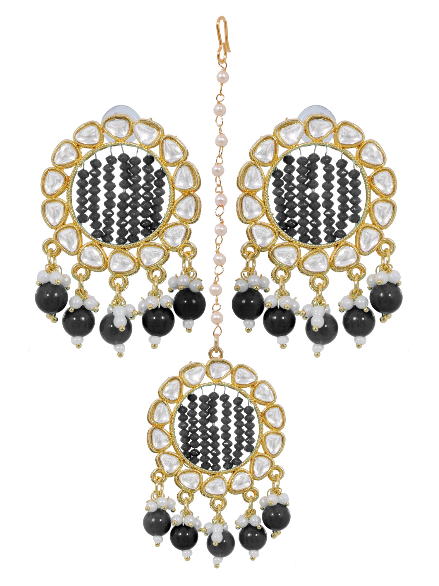 Gold-Plated Grey Kundan Earrings & Maang Tikka Set for Girls and Women