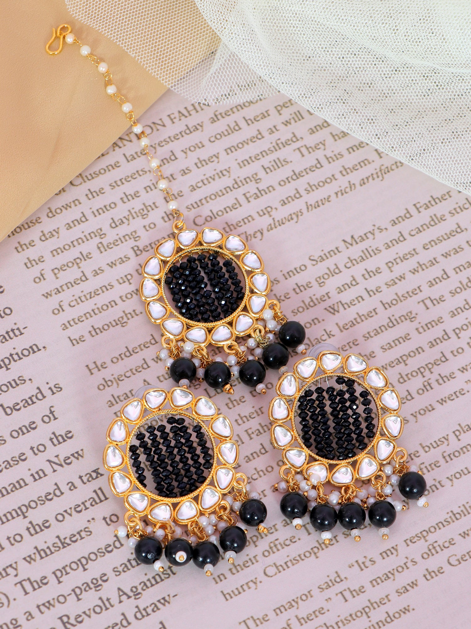 Gold-Plated Grey Kundan Earrings & Maang Tikka Set for Girls and Women