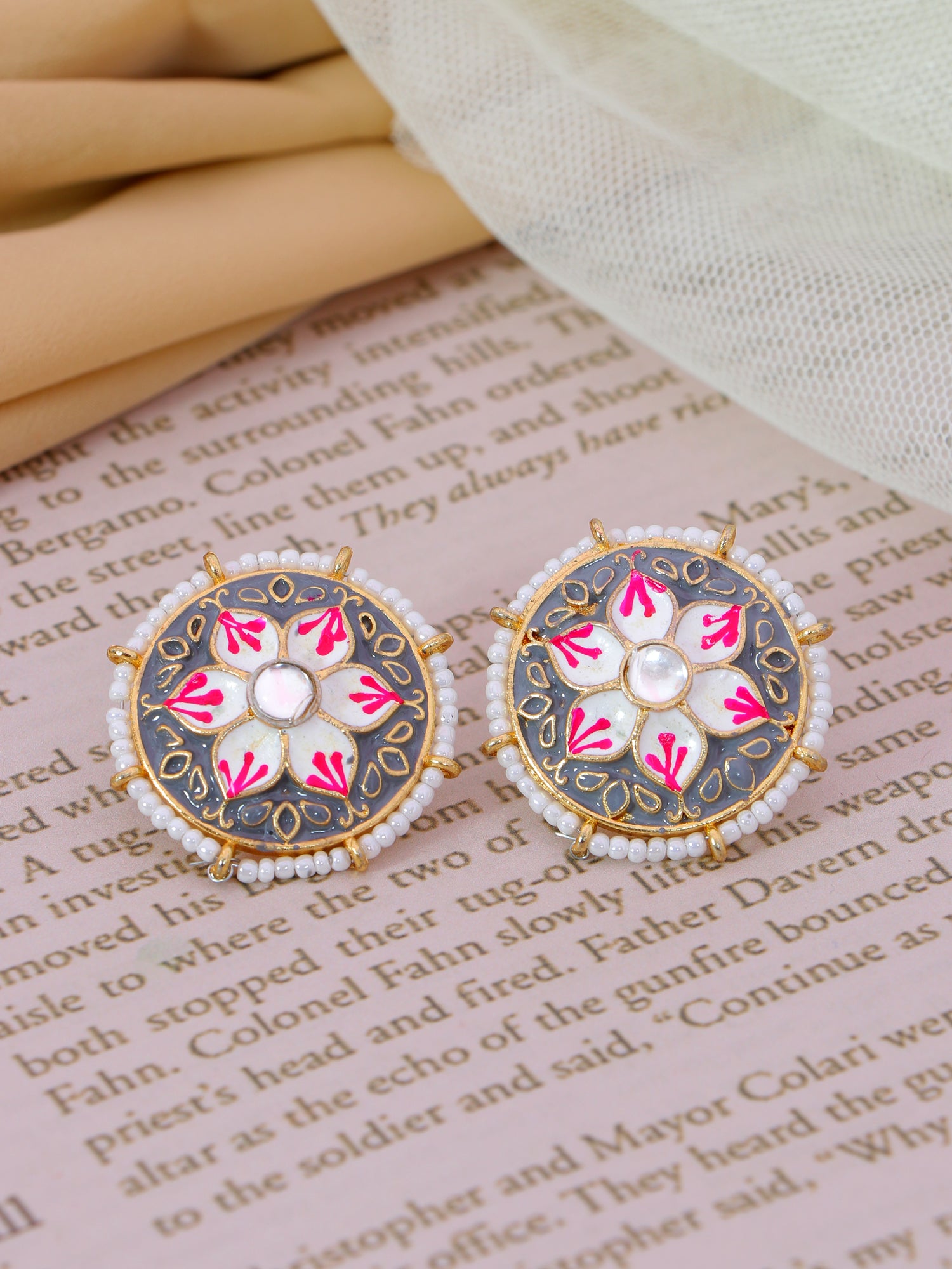 Crunchy Fashion Black Meenakari Stud Earrings