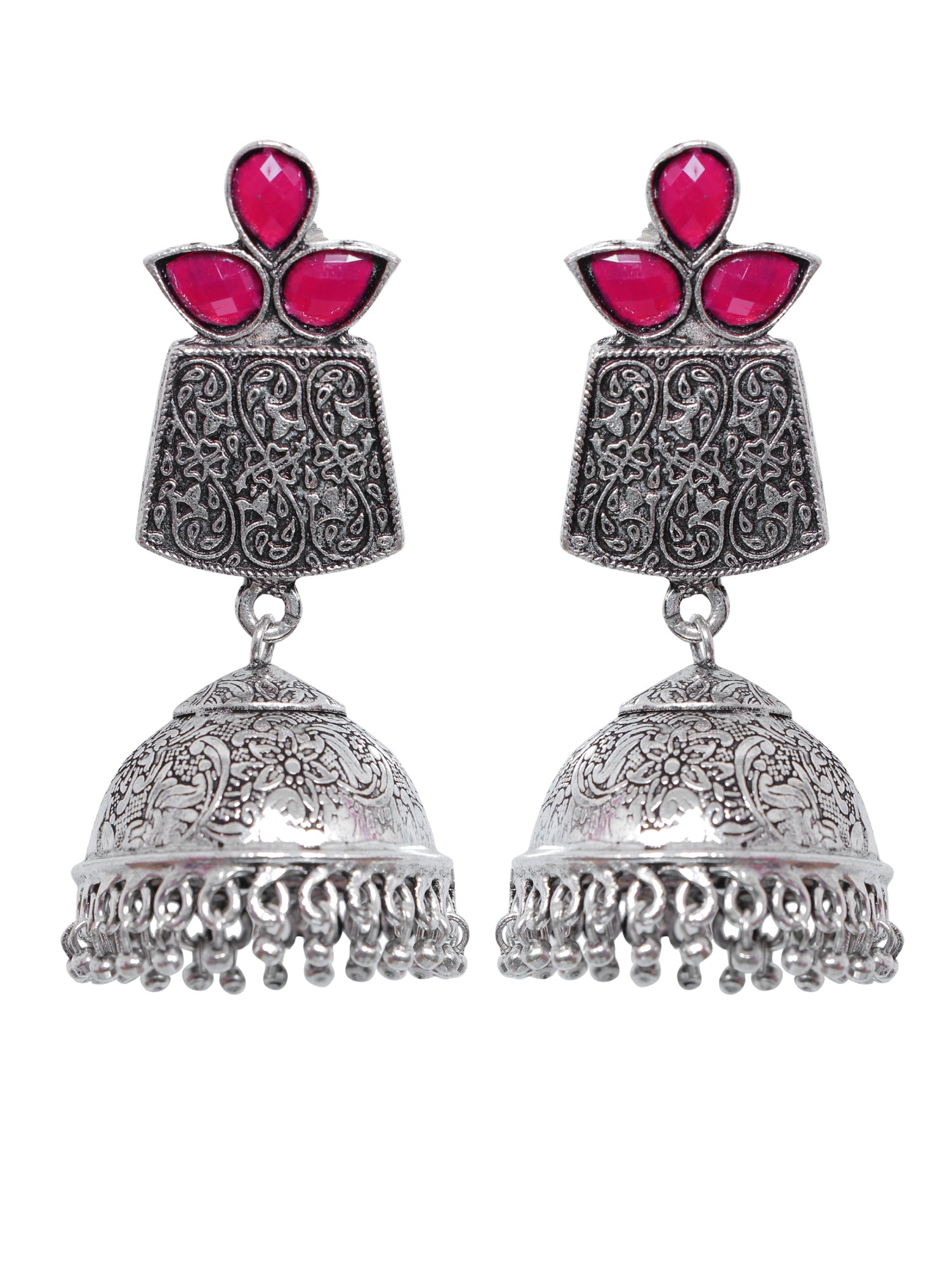 Exquisite Oxidised Silver Tone Red Stone Dome Jhumka Earrings for Wome